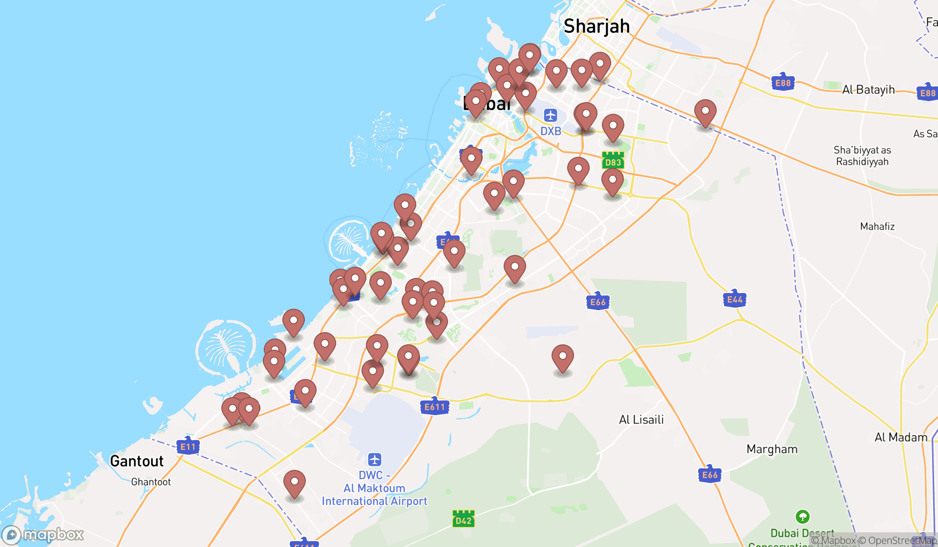 Map showing the search results in Dubai