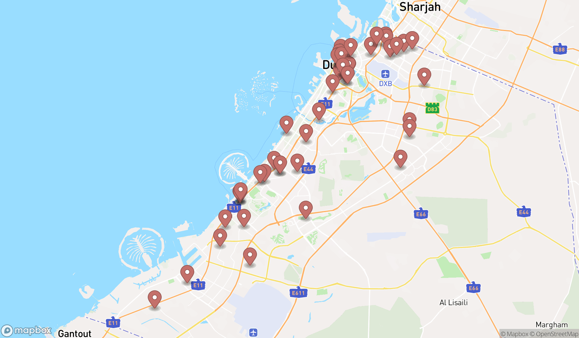 Map showing the search results in Dubai