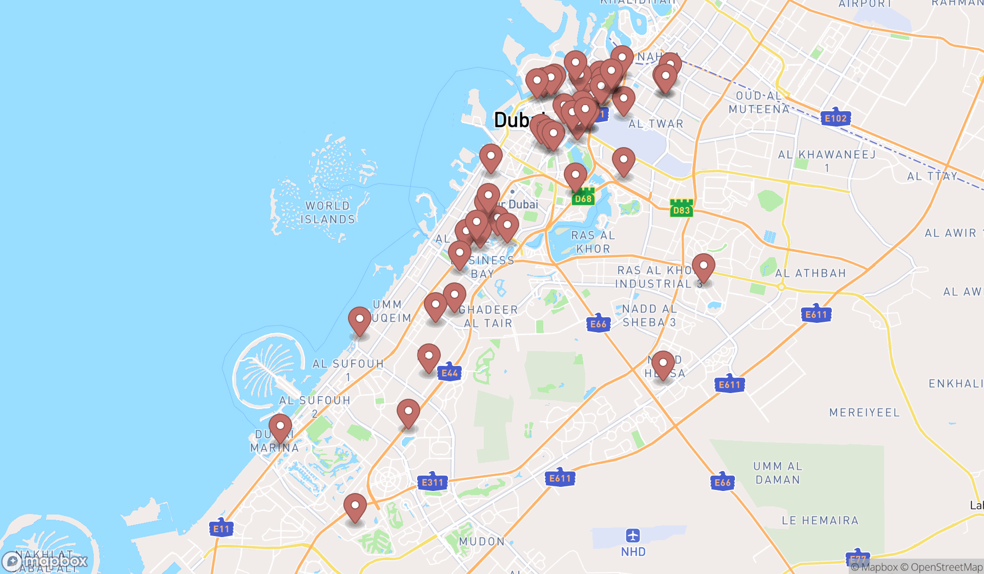 Map showing the search results in Dubai