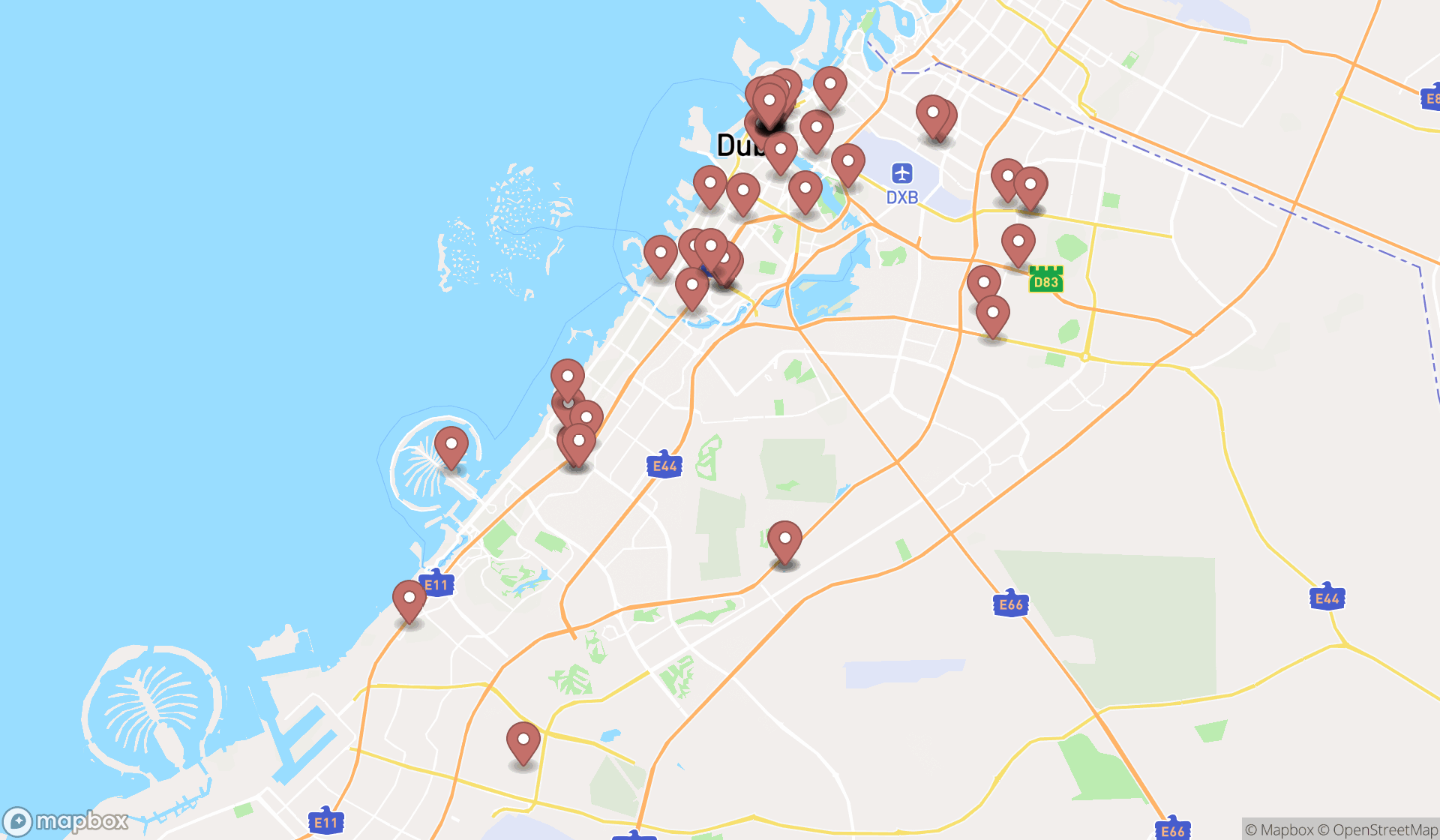 Map showing the search results in Dubai