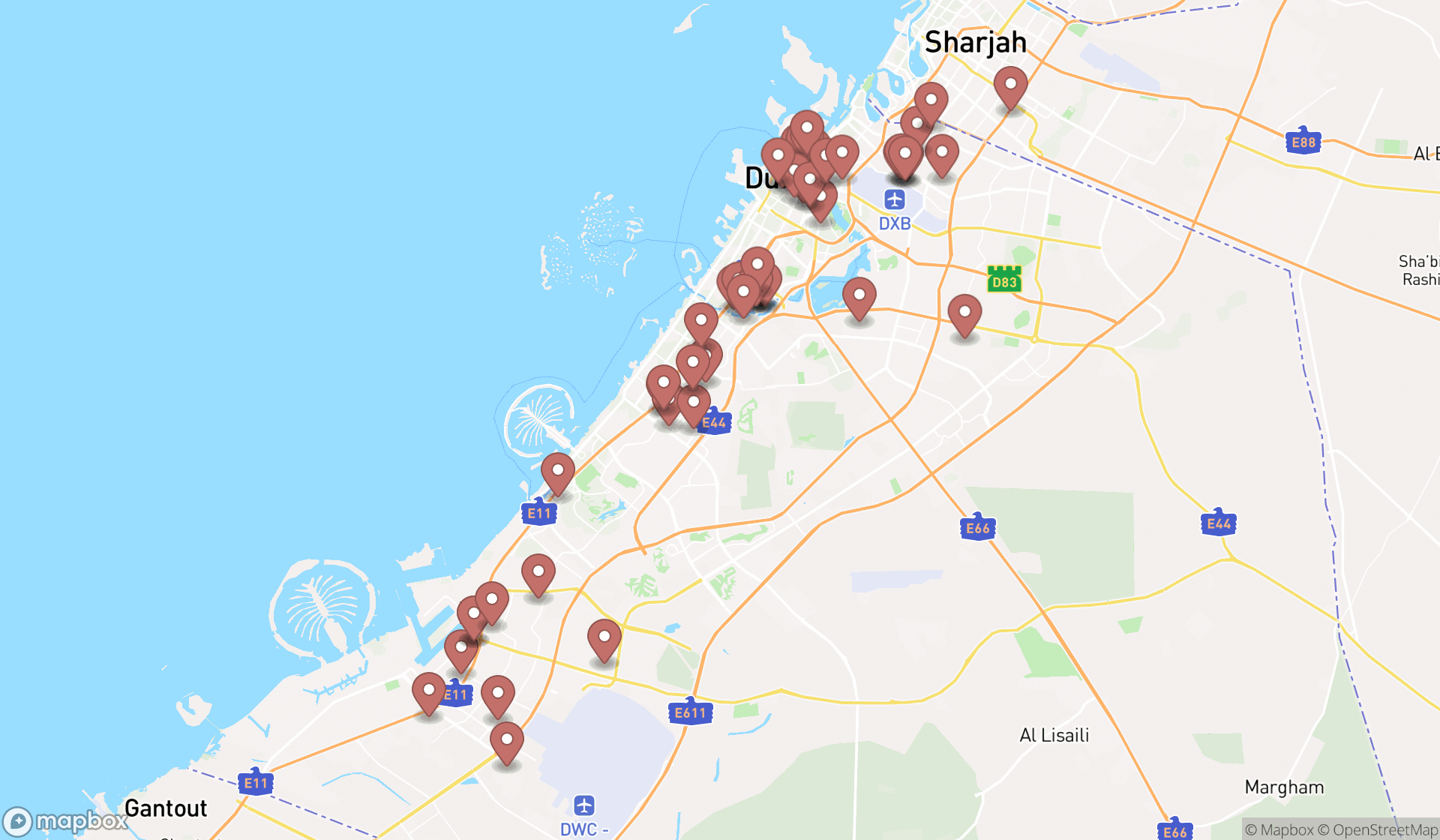 Map showing the search results in Dubai