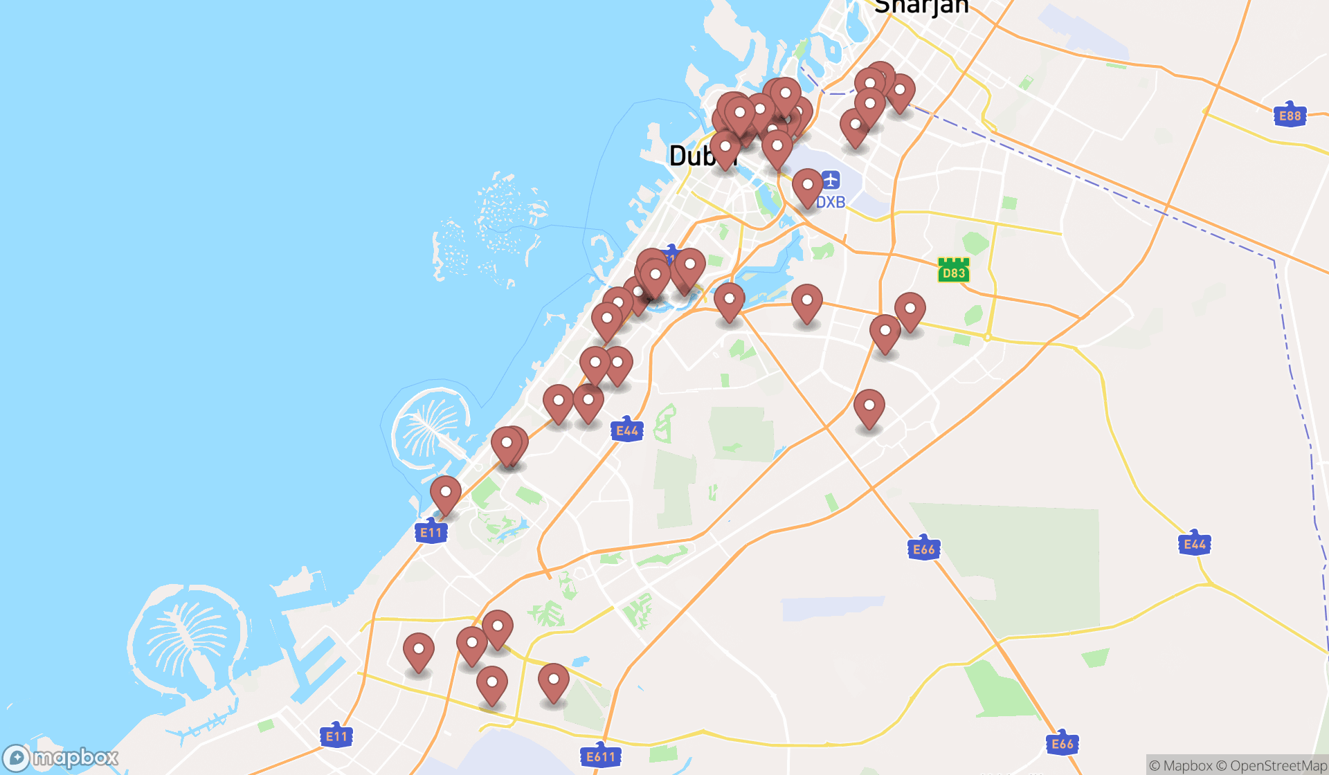 Map showing the search results in Dubai