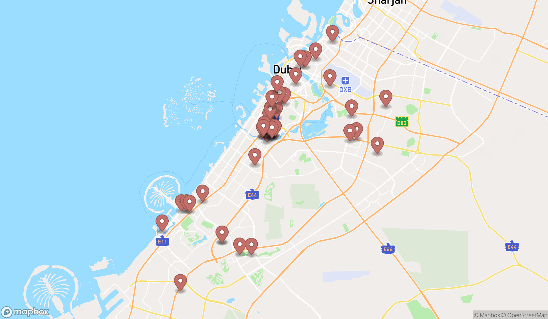 Map showing the search results in Dubai