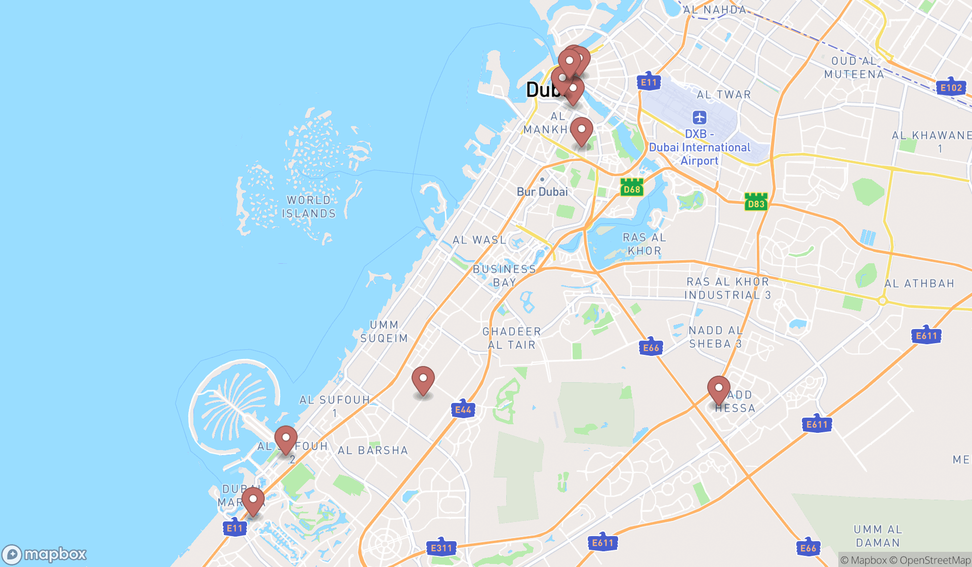 Map showing the search results in Dubai