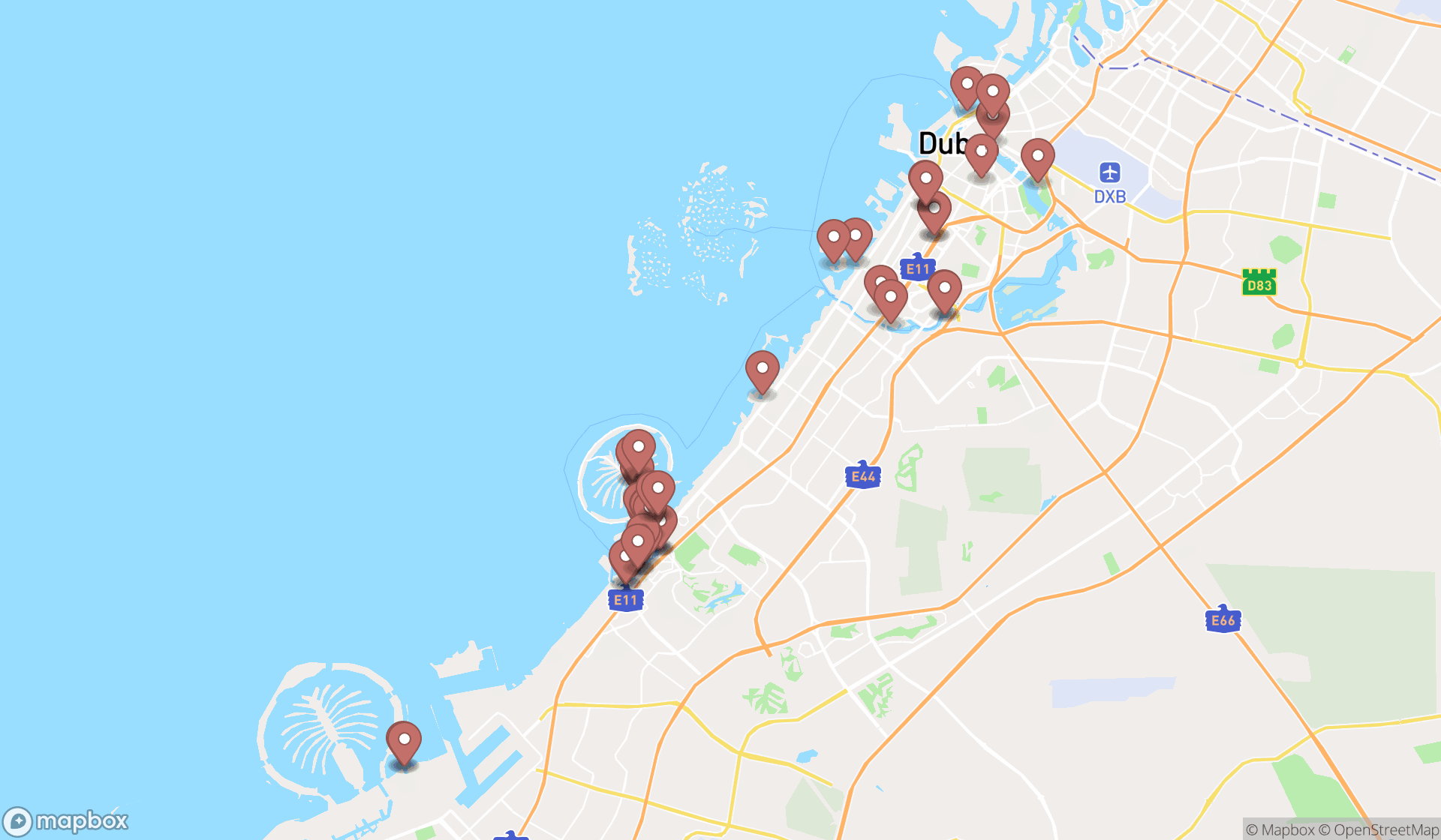 Map showing the search results in Dubai