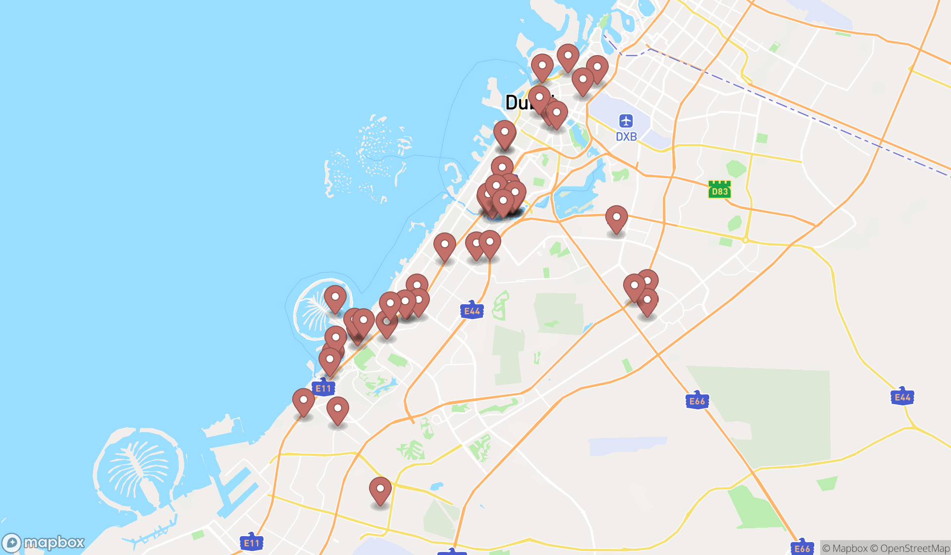 Map showing the search results in Dubai