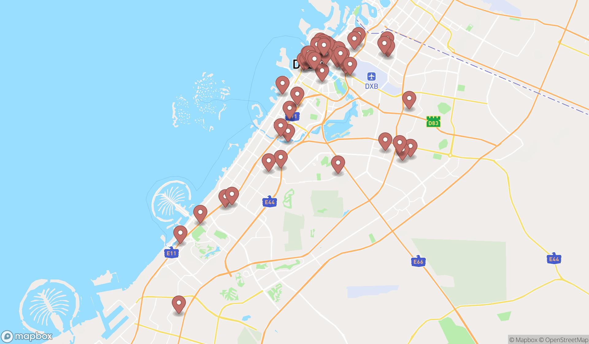 Map showing the search results in Dubai