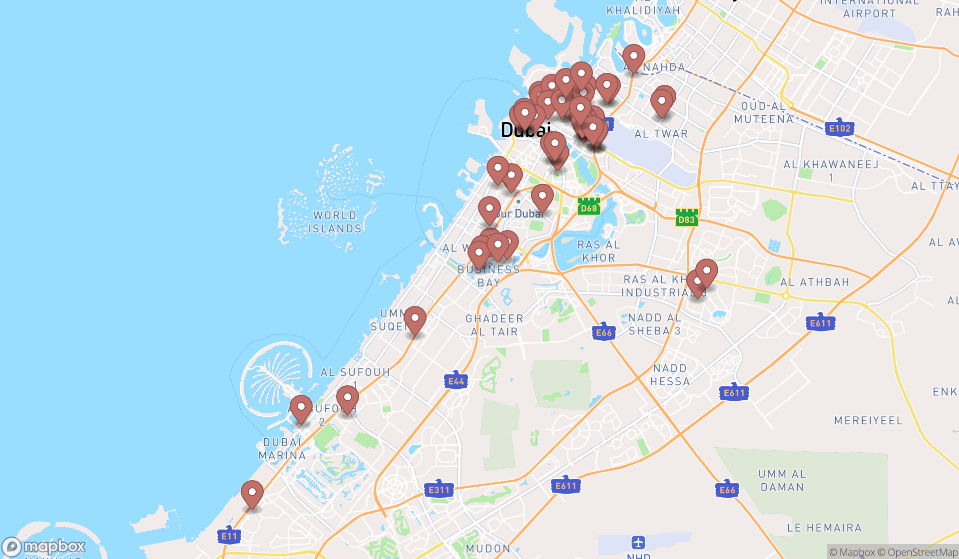 Map showing the search results in Dubai