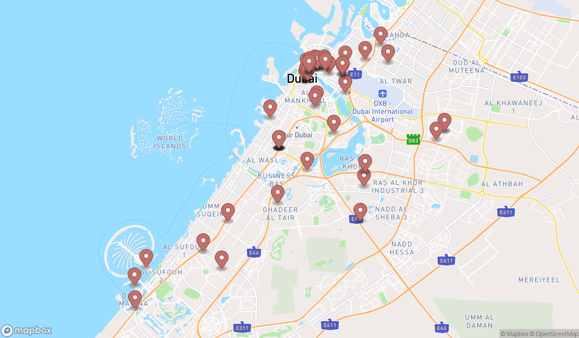 Map showing the search results in Dubai