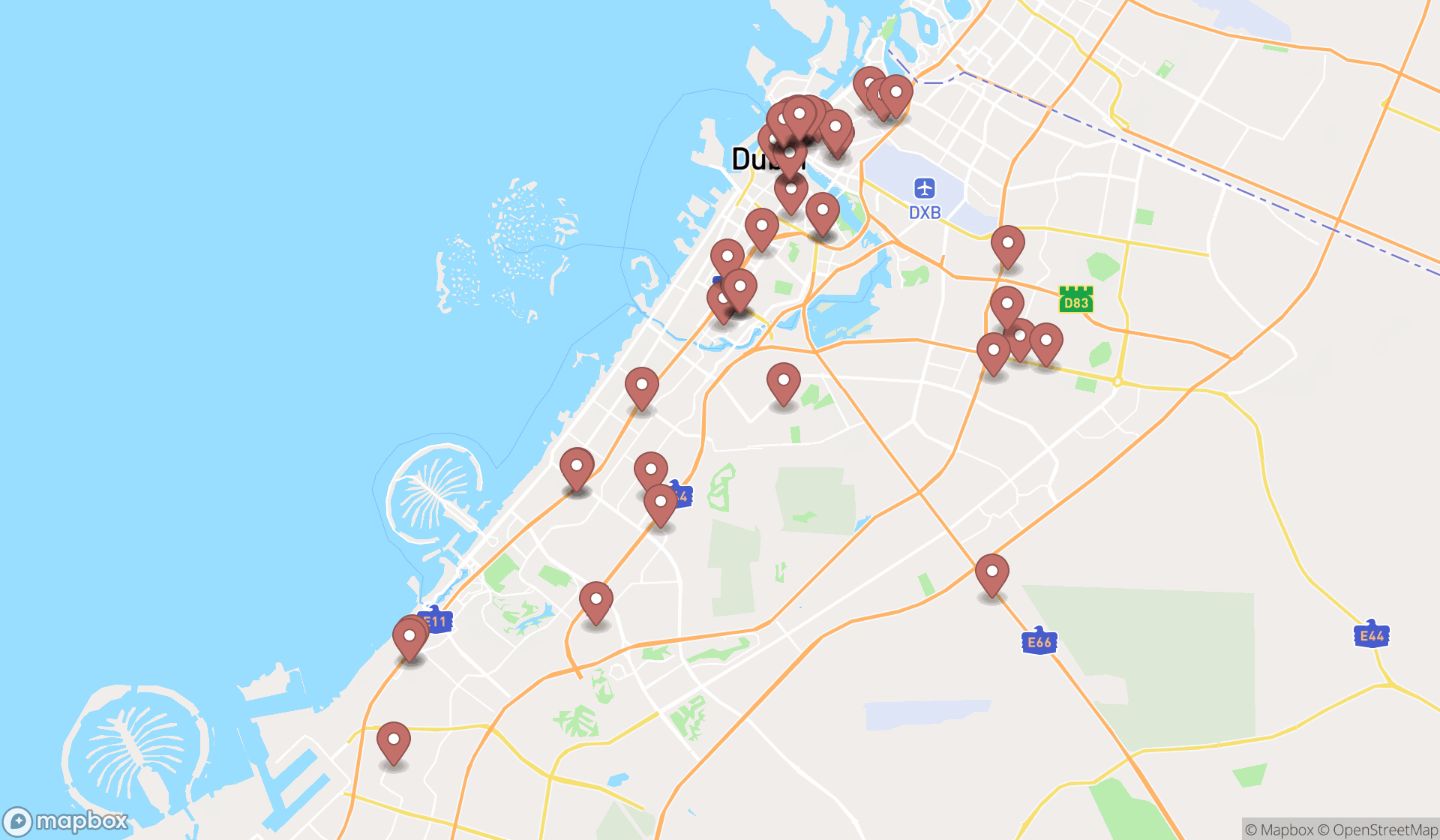 Map showing the search results in Dubai