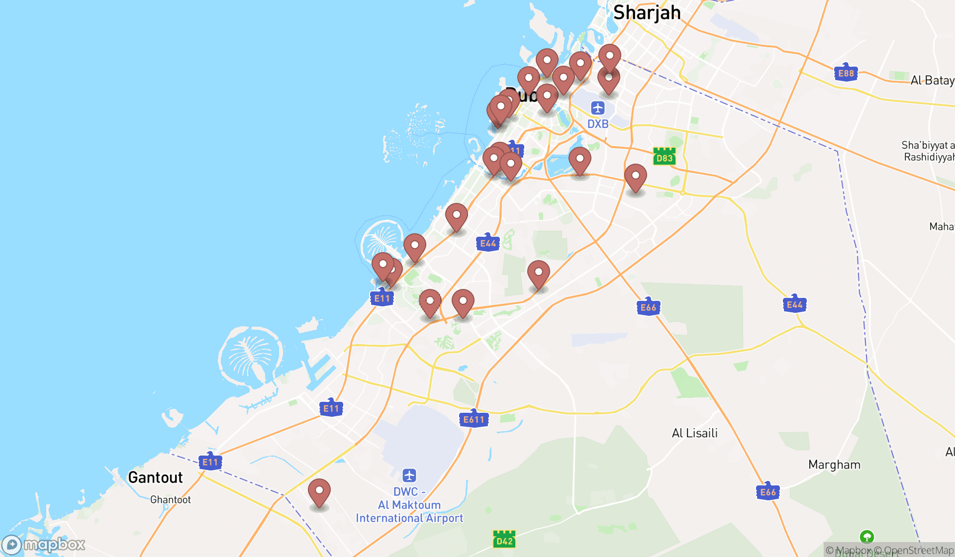 Map showing the search results in Dubai