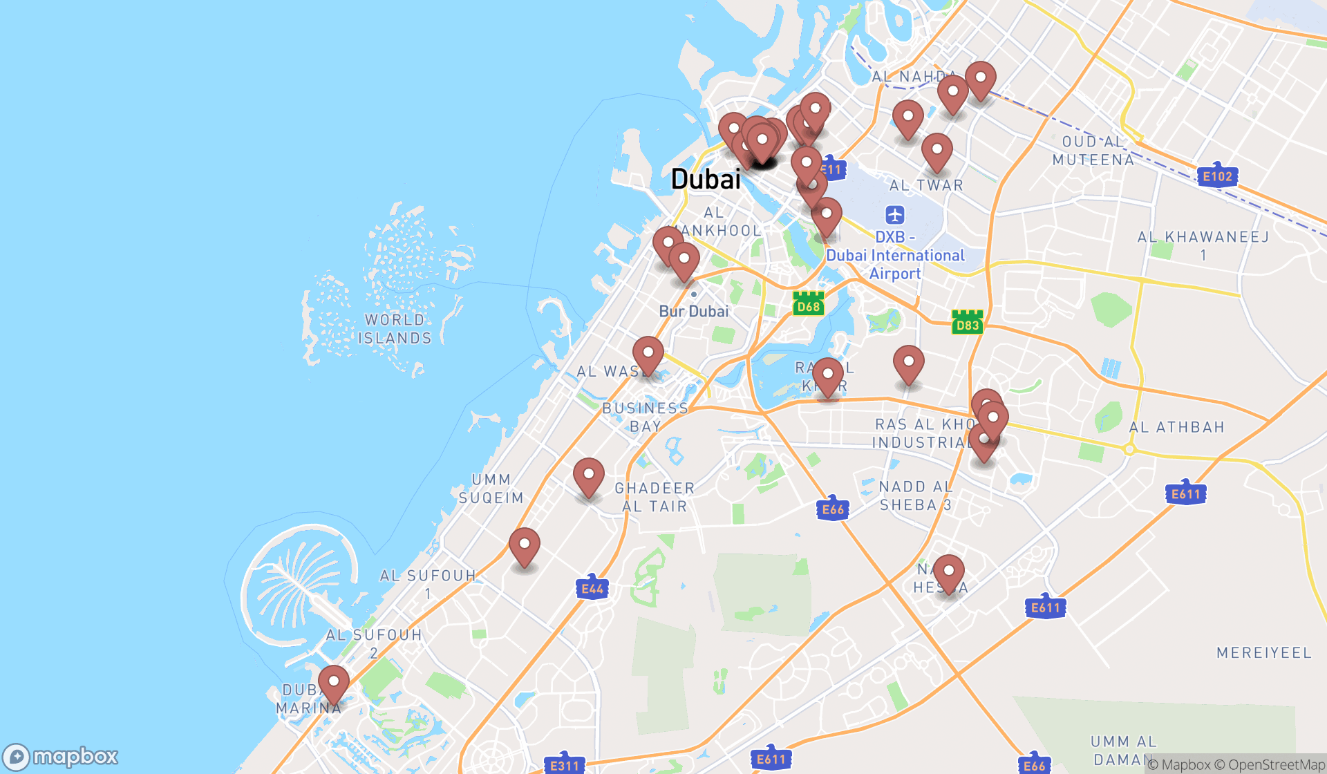 Map showing the search results in Dubai