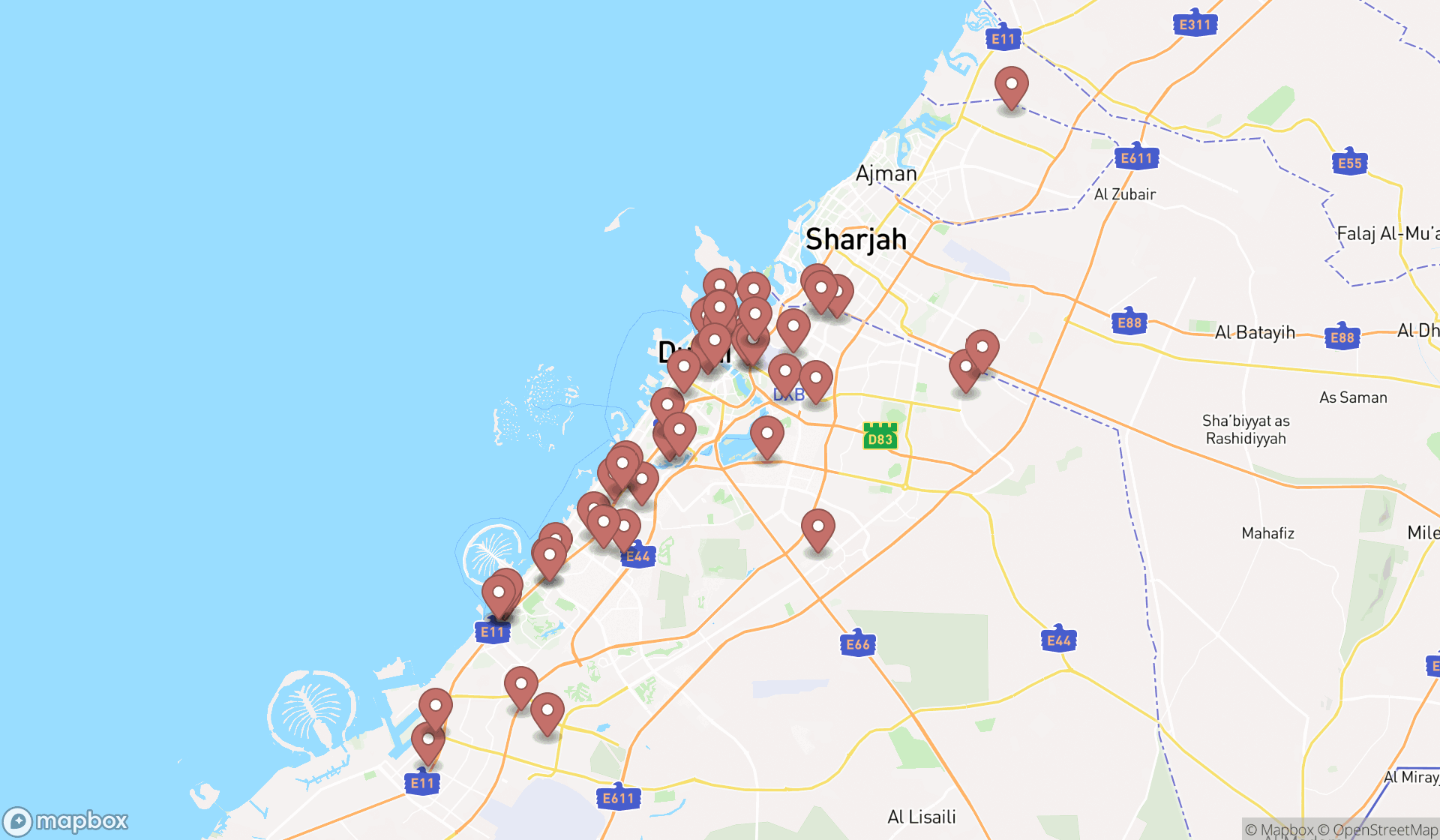 Map showing the search results in Dubai