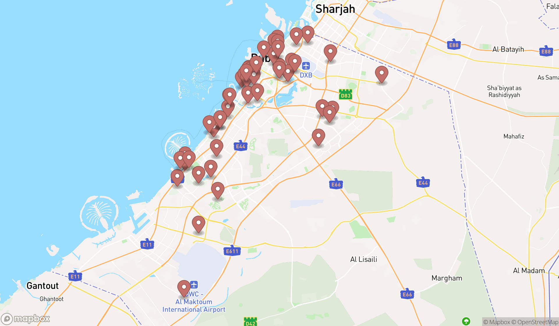 Map showing the search results in Dubai