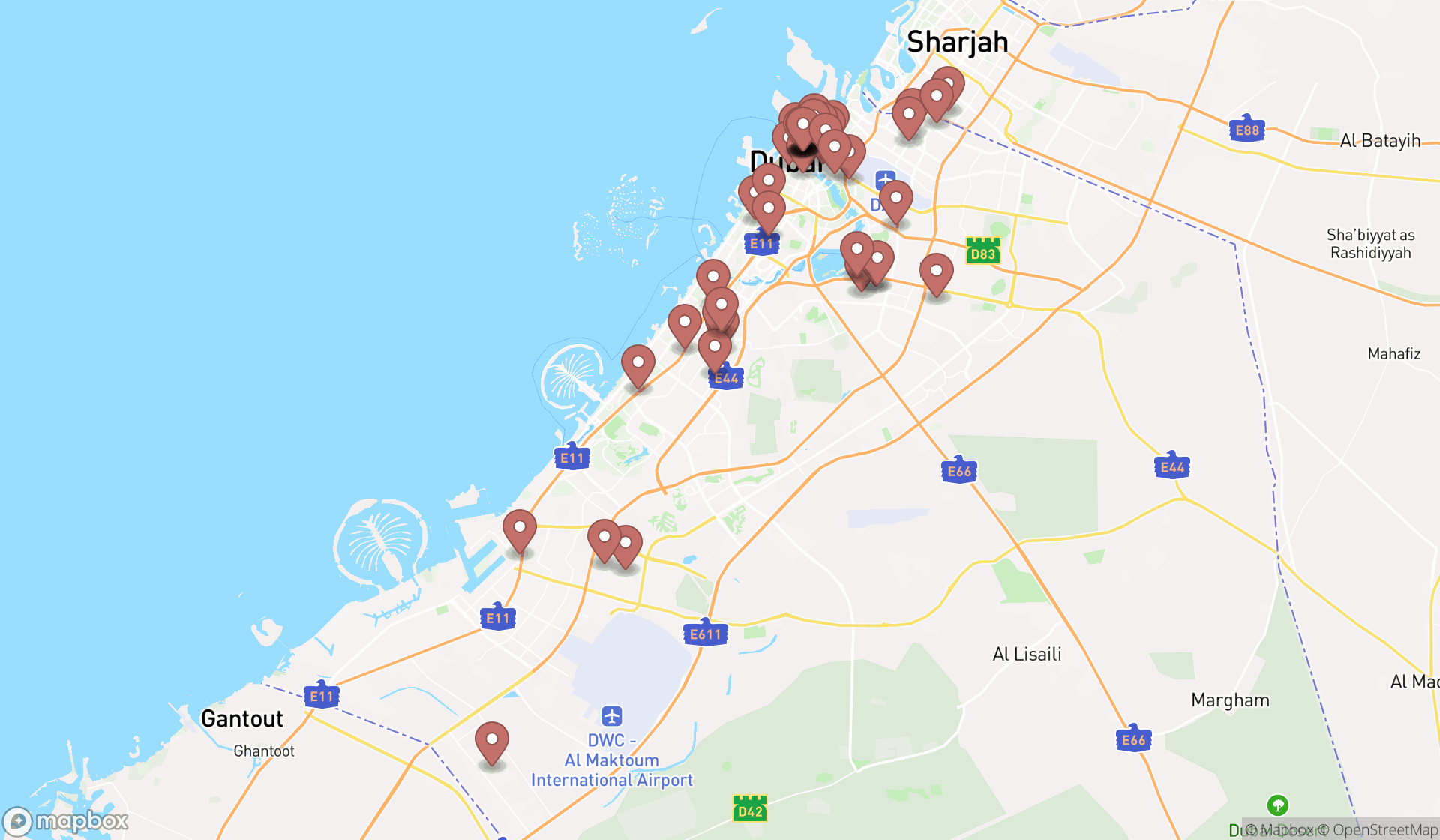 Map showing the search results in Dubai