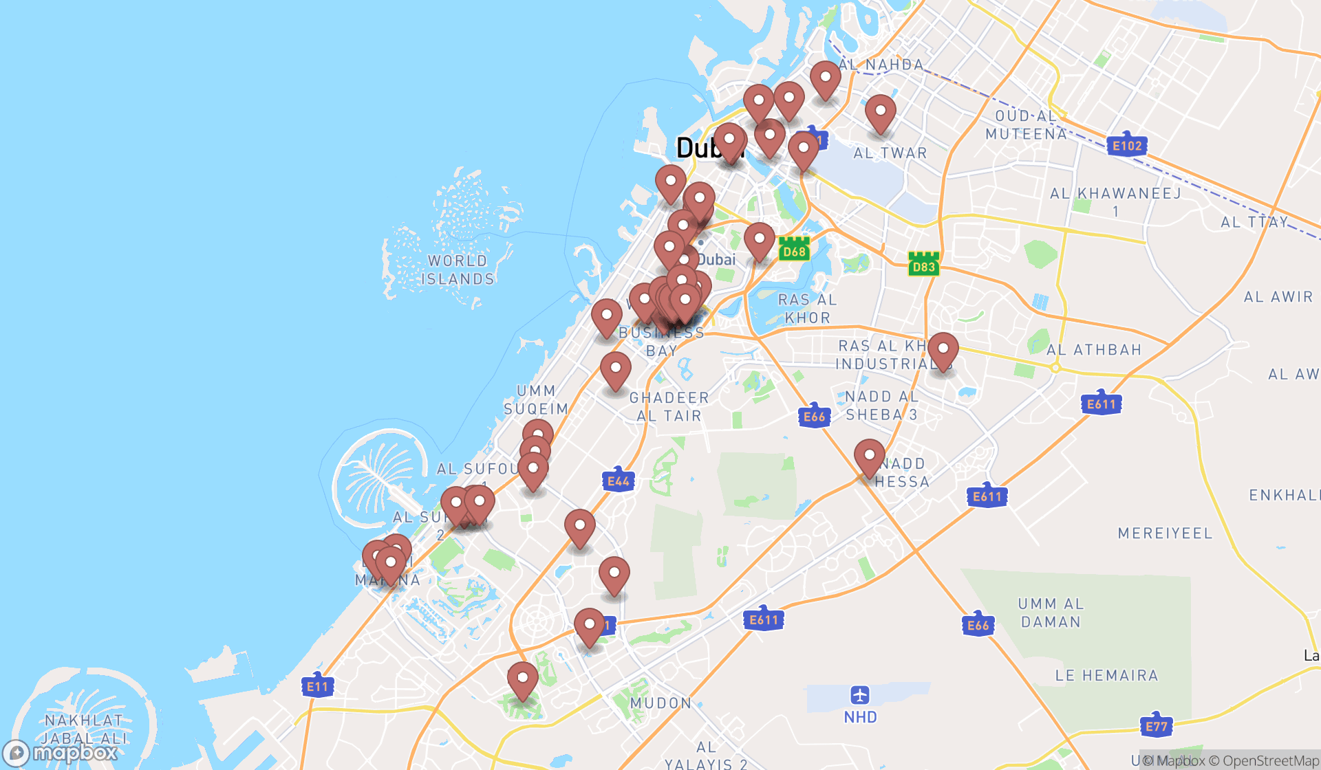 Map showing the search results in Dubai