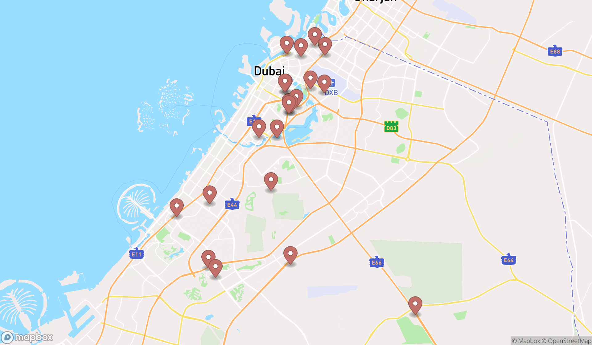 Map showing the search results in Dubai