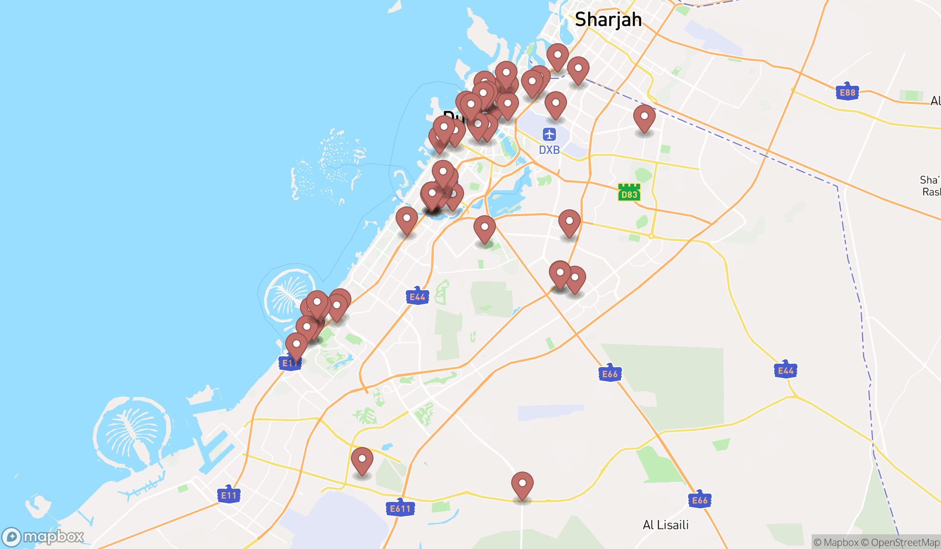 Map showing the search results in Dubai