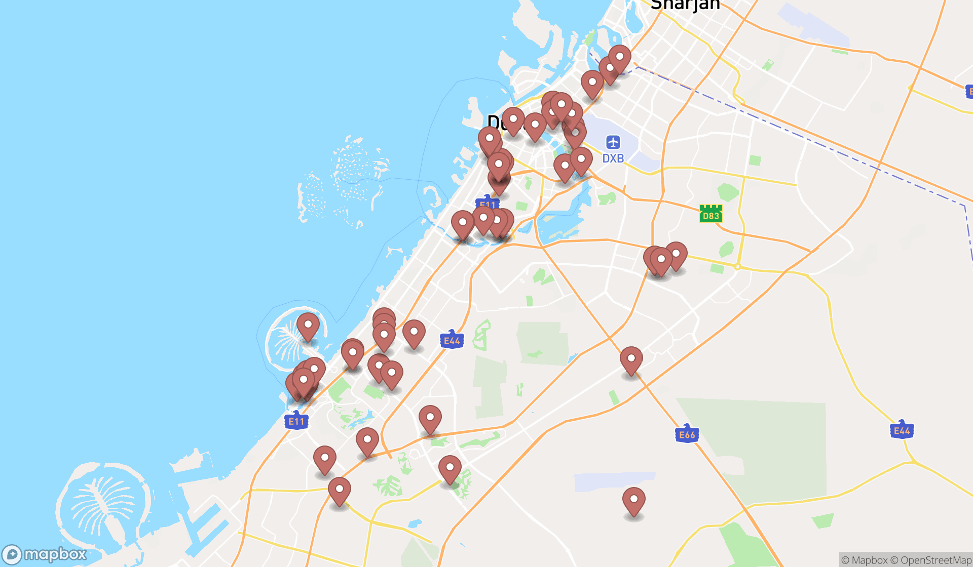 Map showing the search results in Dubai