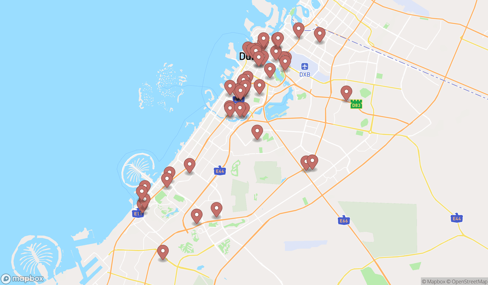 Map showing the search results in Dubai