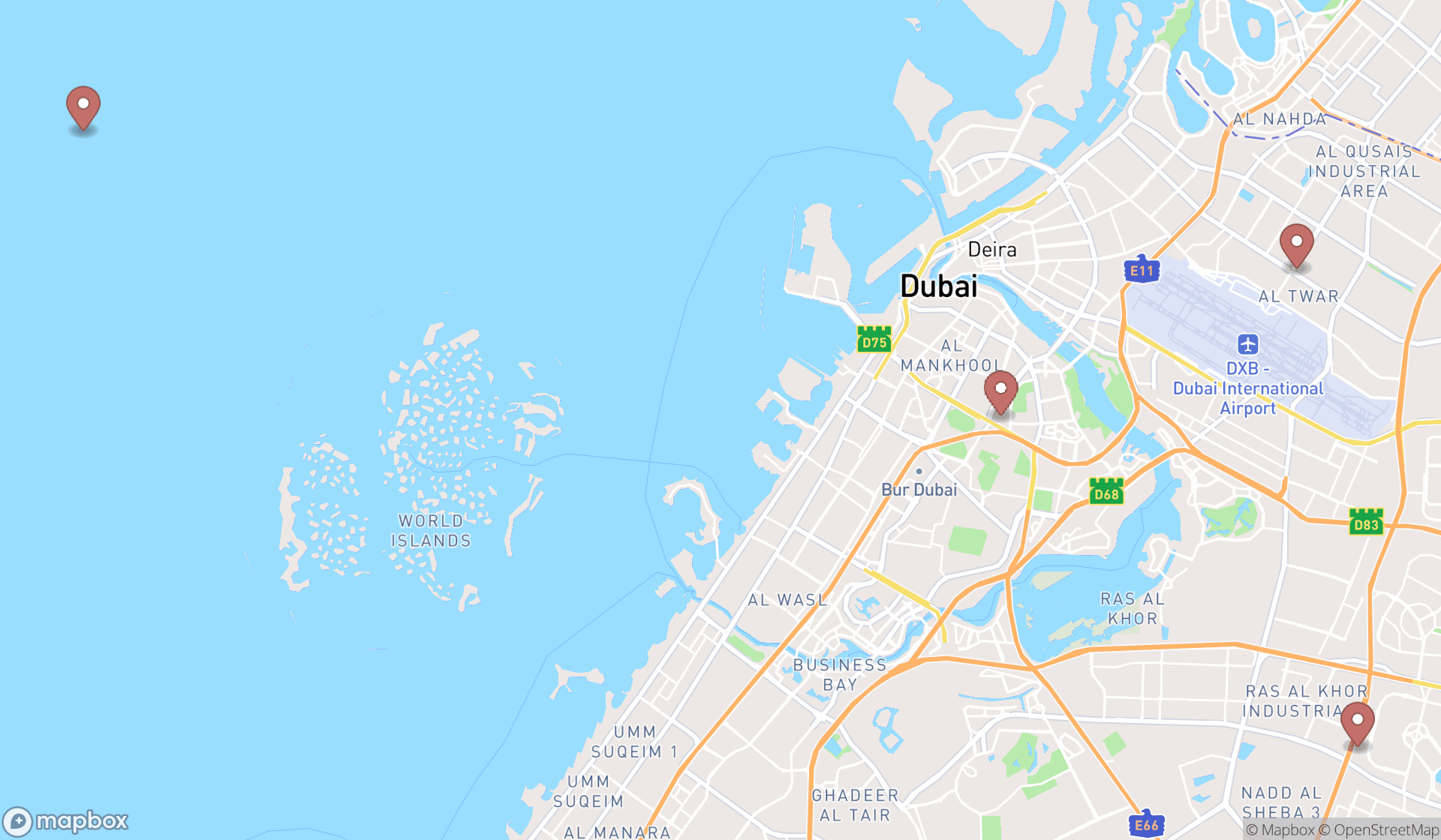 Map showing the search results in Dubai