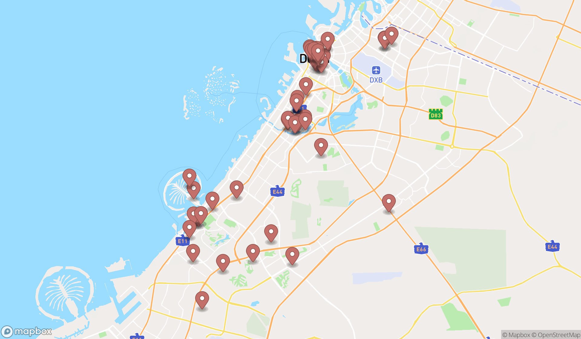 Map showing the search results in Dubai
