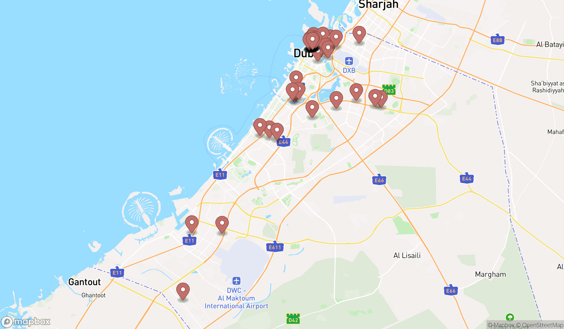 Map showing the search results in Dubai
