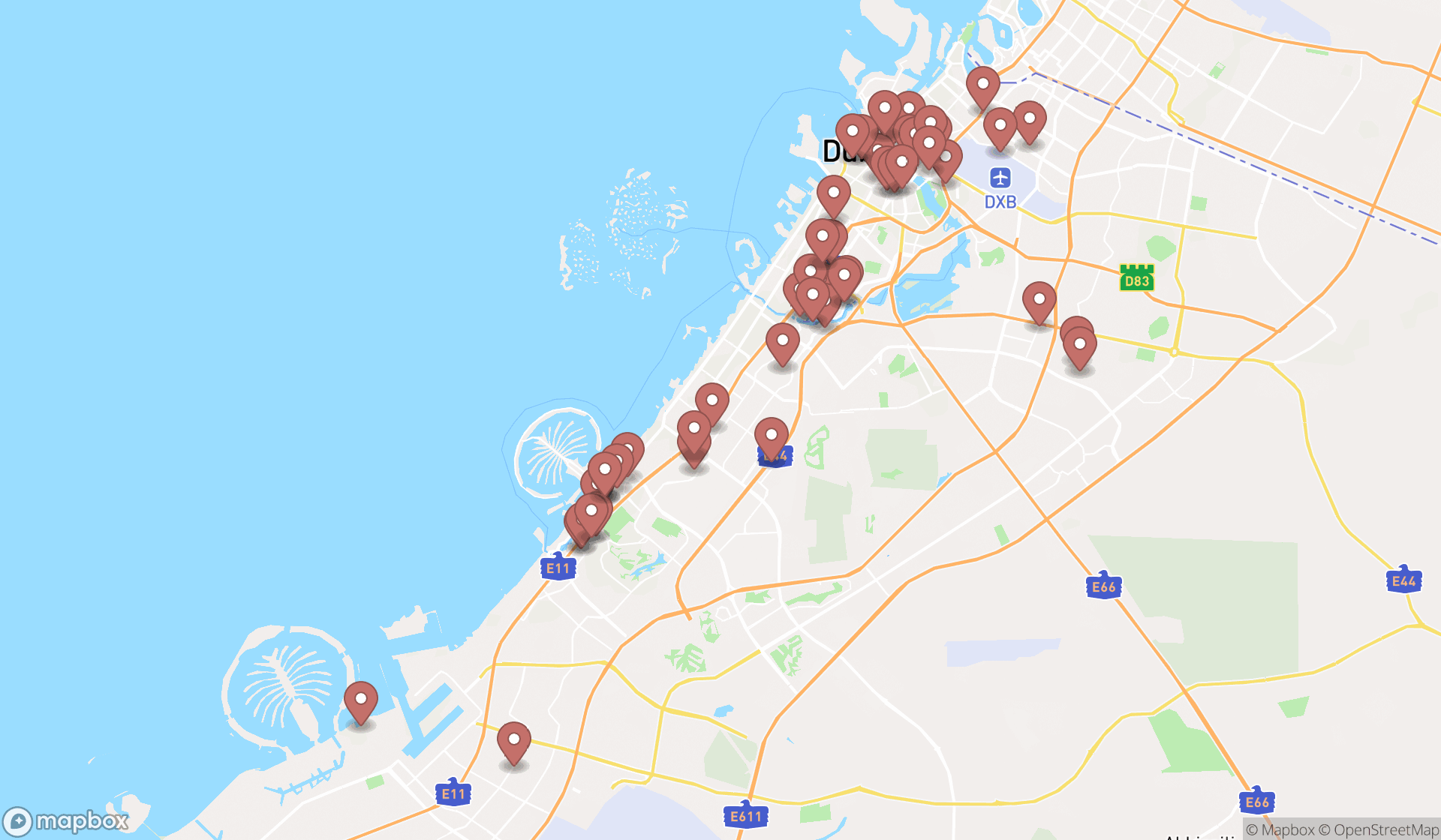 Map showing the search results in Dubai