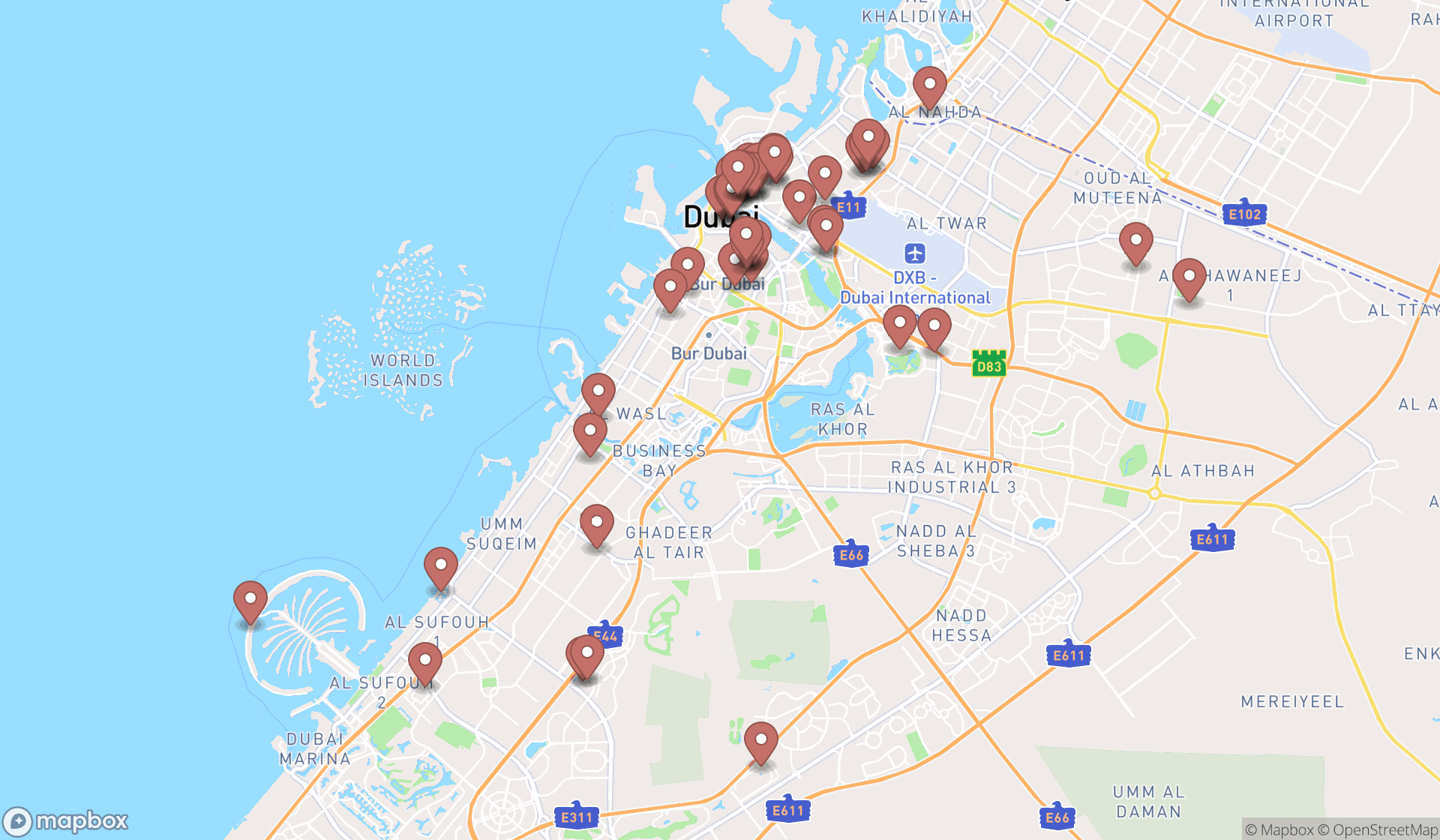 Map showing the search results in Dubai