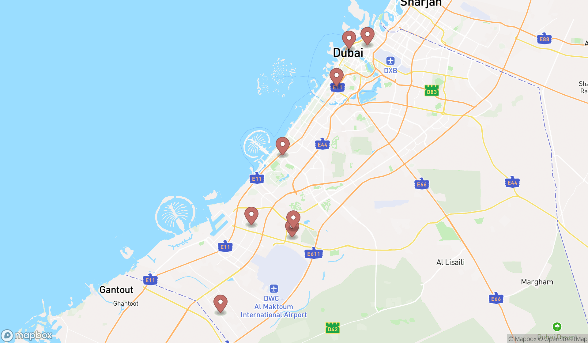 Map showing the search results in Dubai