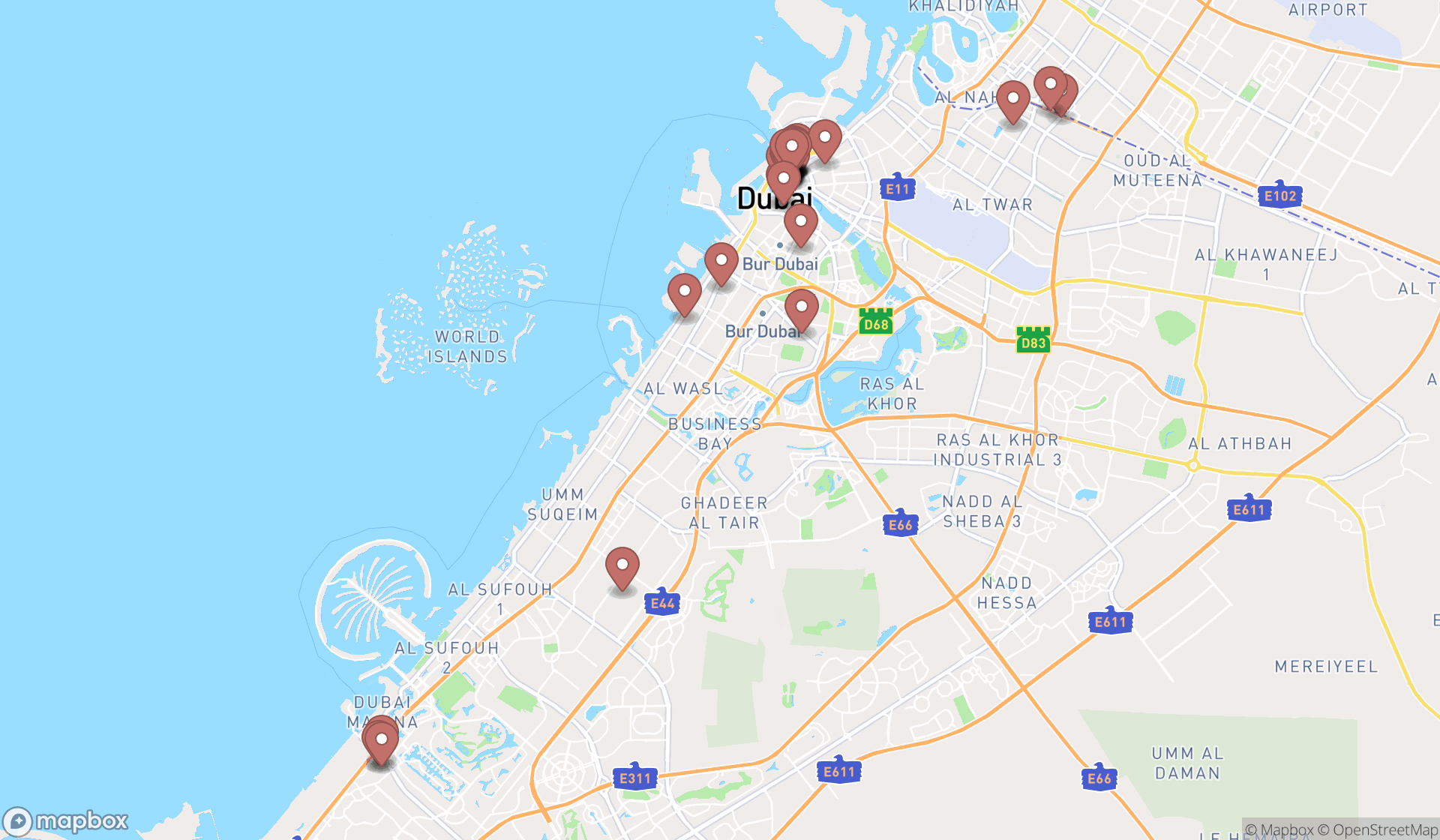 Map showing the search results in Dubai