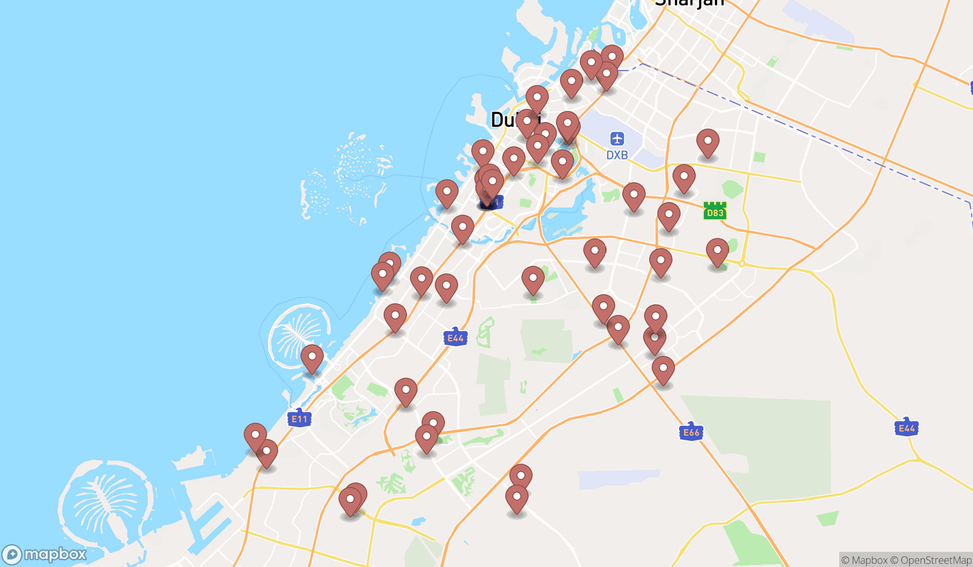 Map showing the search results in Dubai
