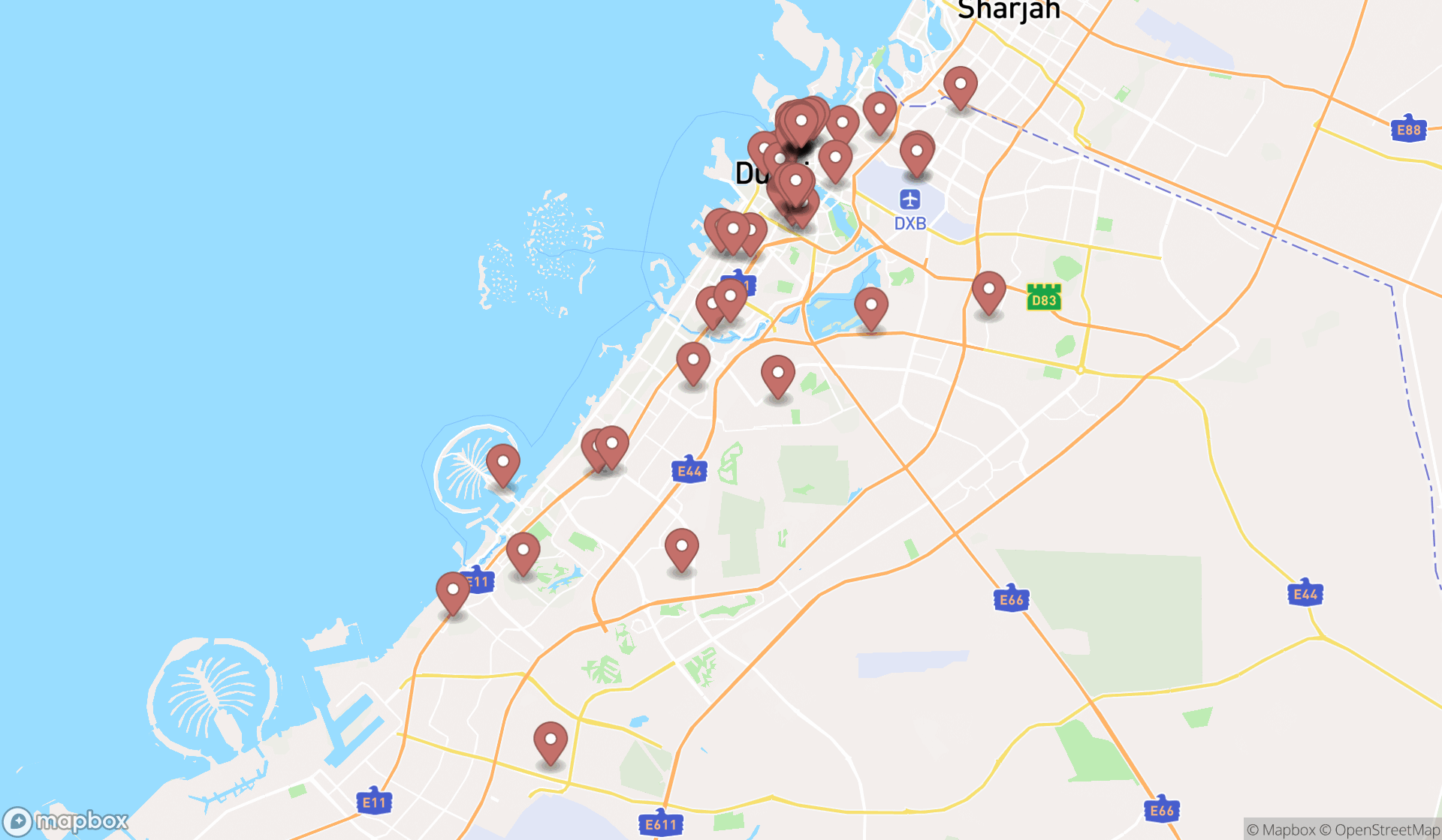 Map showing the search results in Dubai
