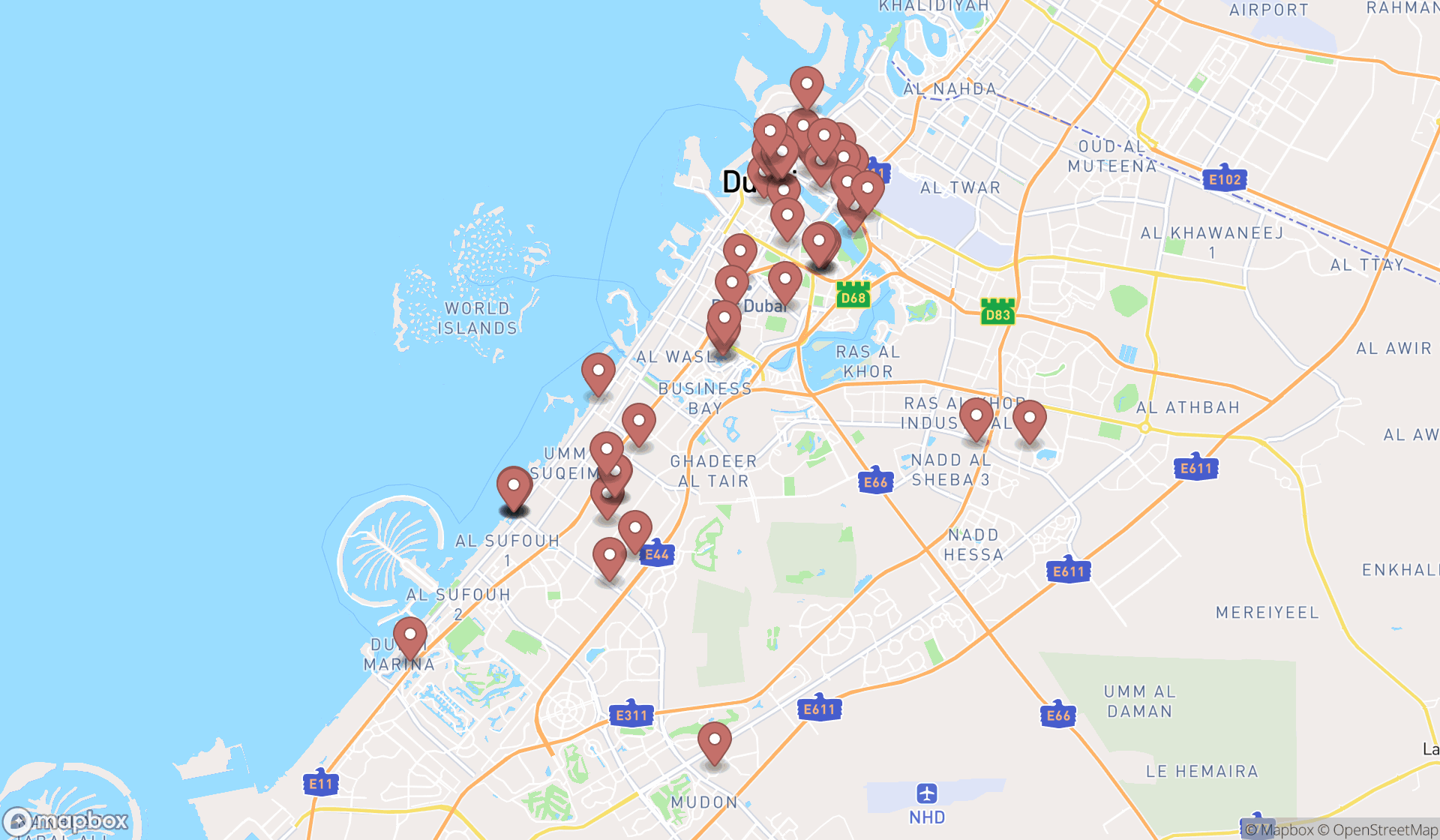 Map showing the search results in Dubai