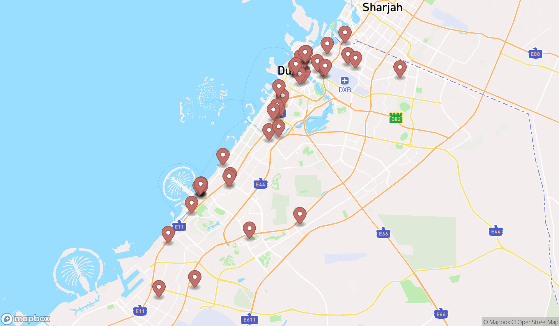 Map showing the search results in Dubai