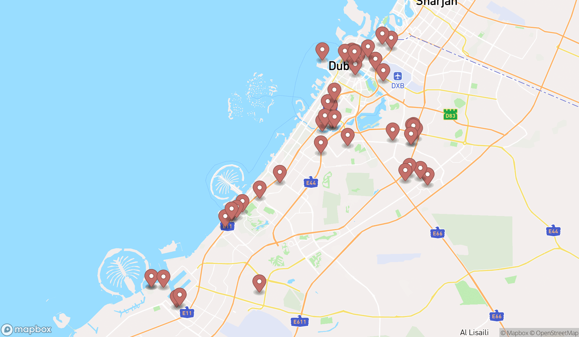 Map showing the search results in Dubai