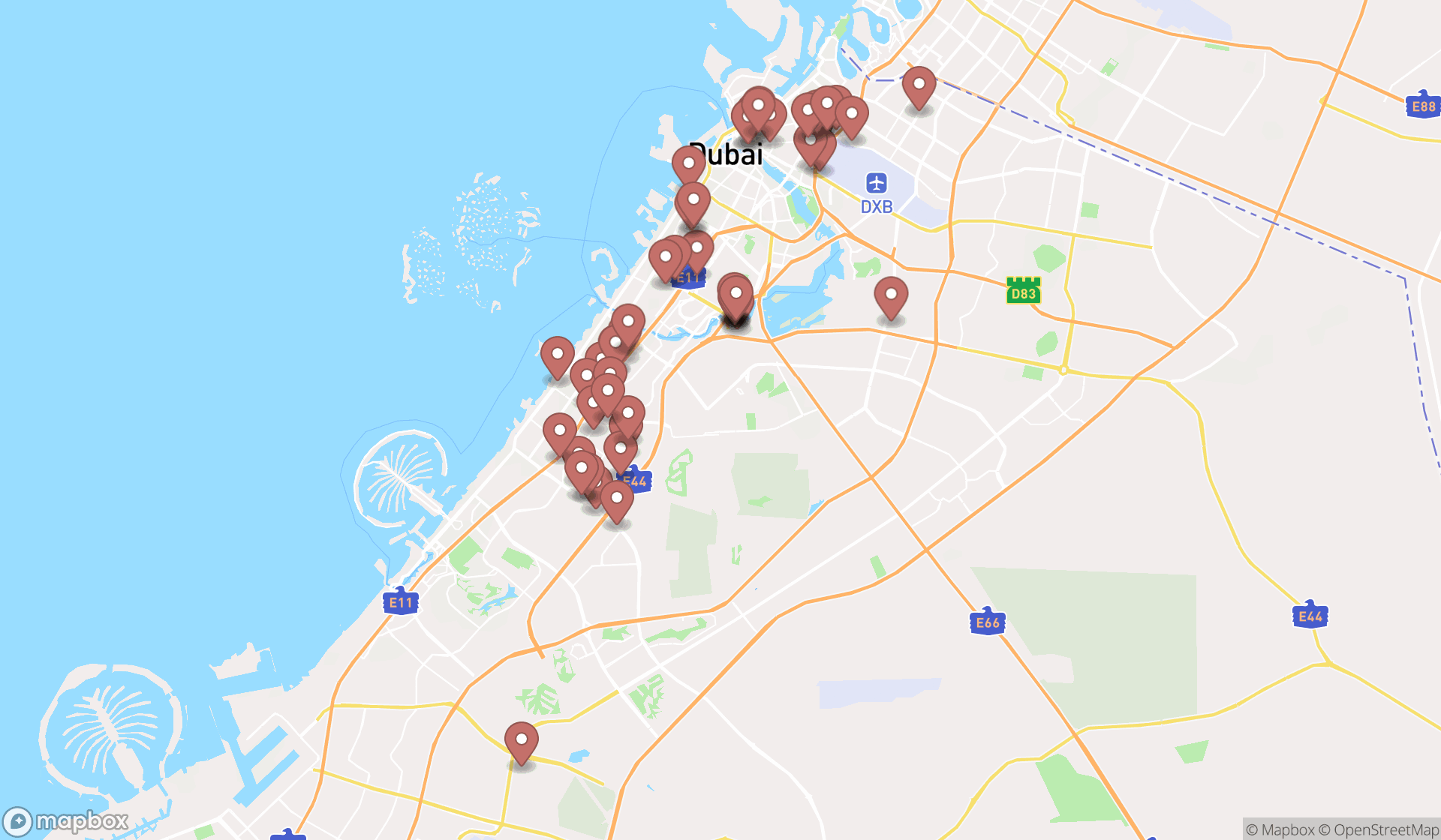 Map showing the search results in Dubai