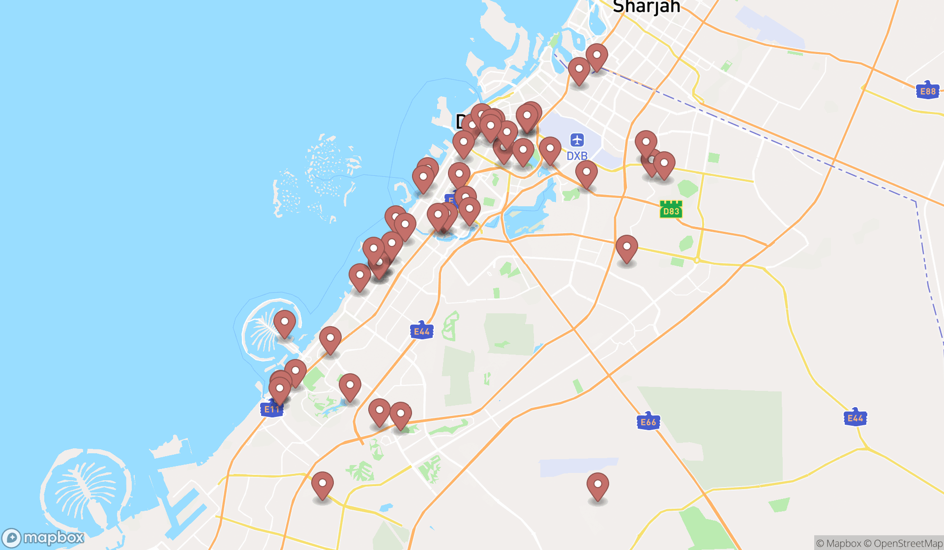 Map showing the search results in Dubai