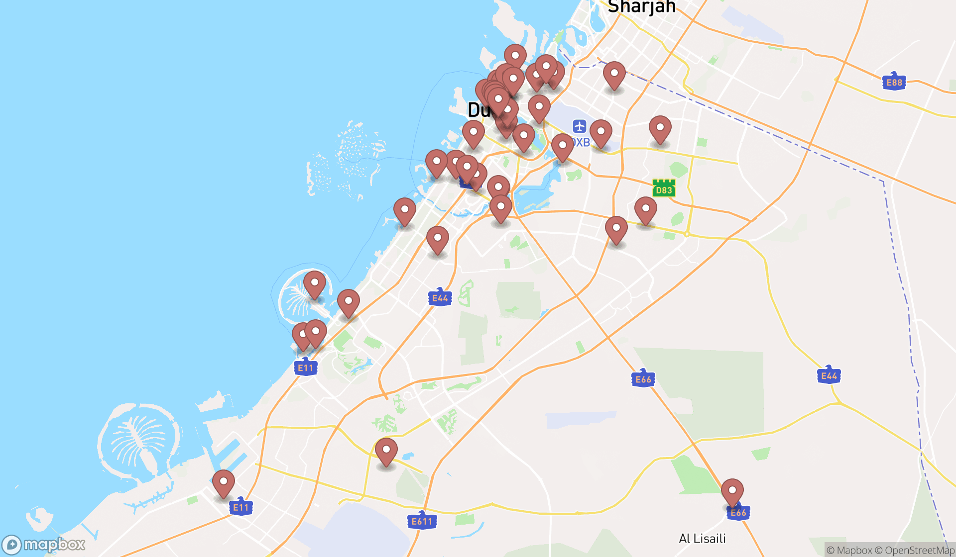 Map showing the search results in Dubai