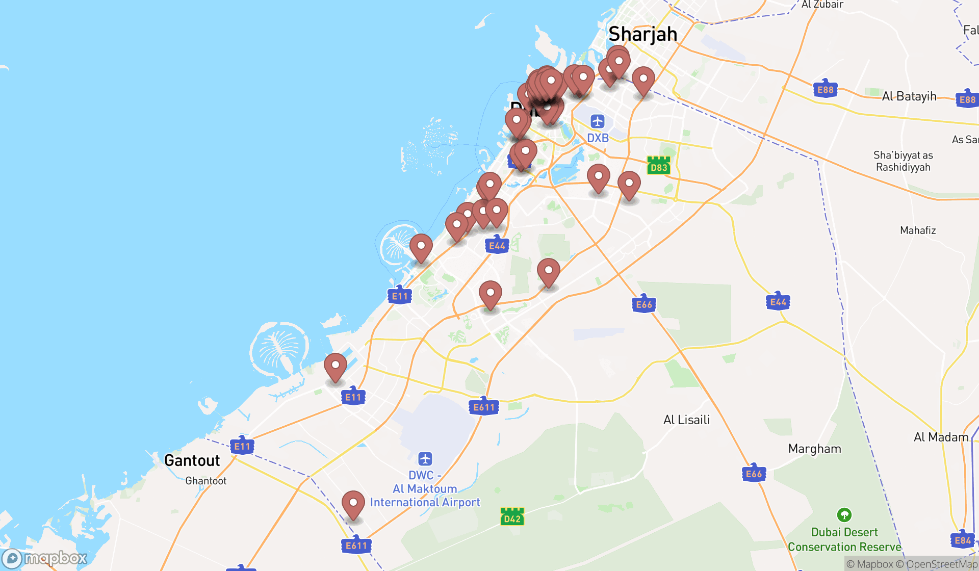 Map showing the search results in Dubai
