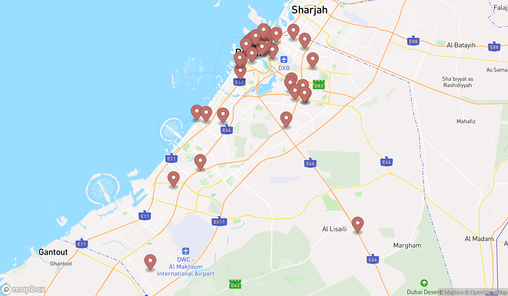 Map showing the search results in Dubai