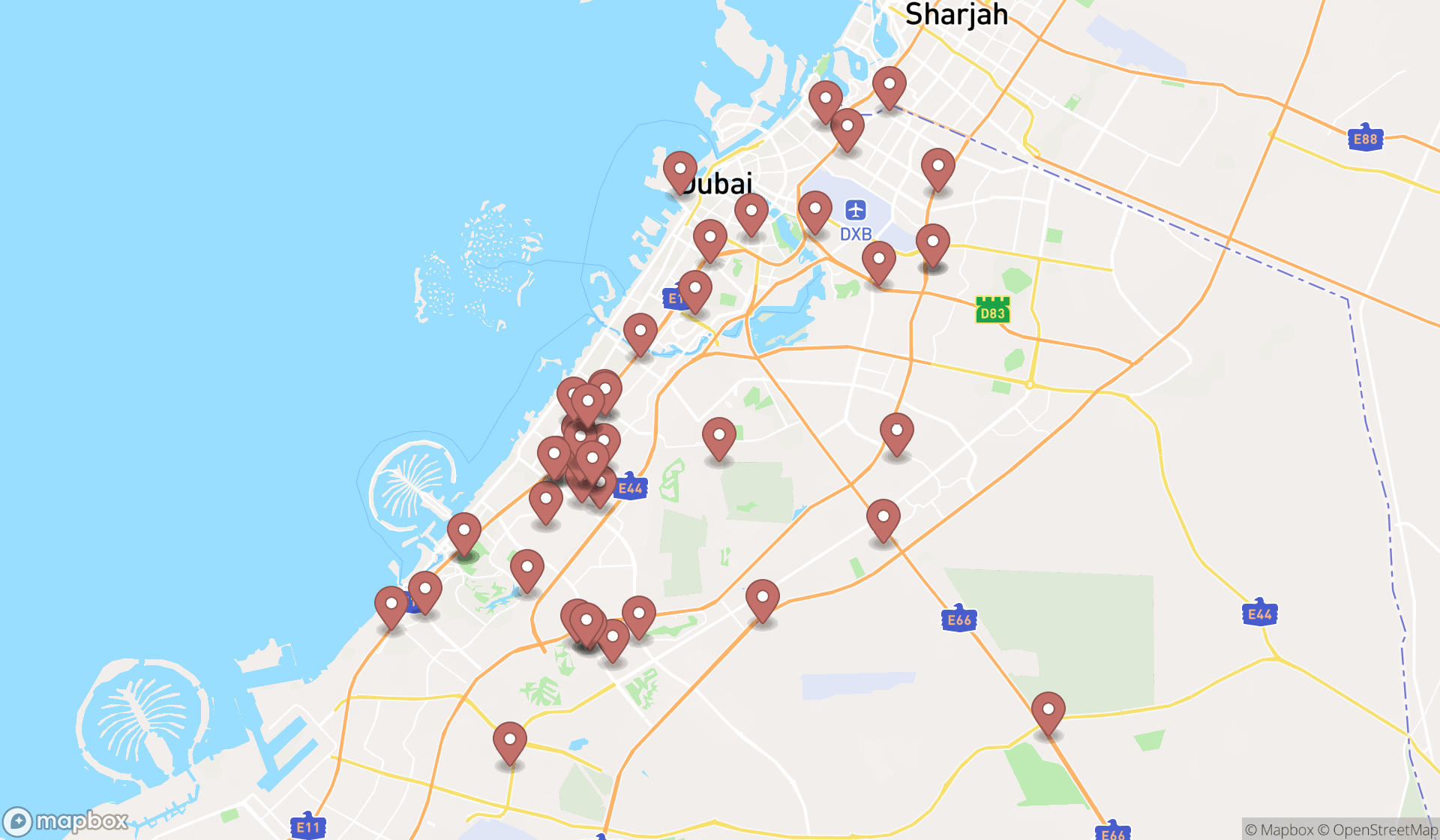 Map showing the search results in Dubai
