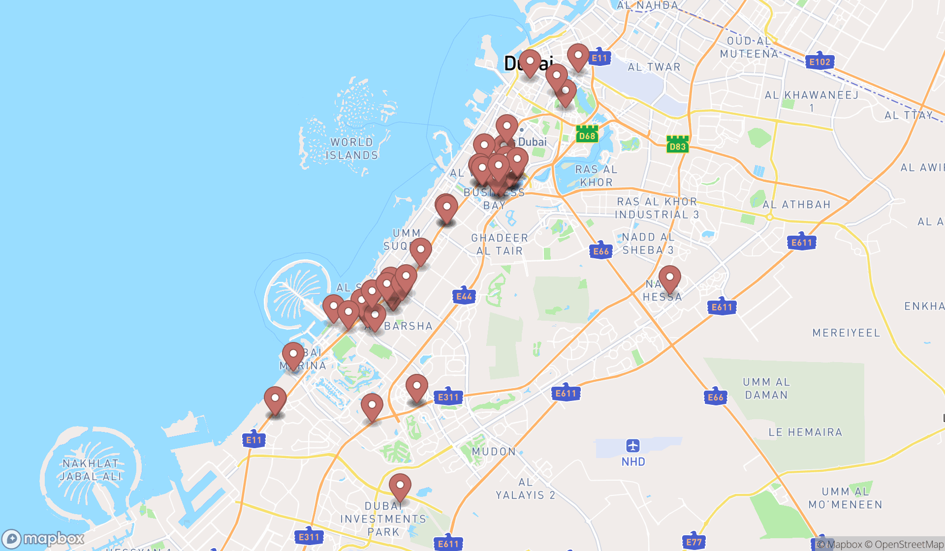 Map showing the search results in Dubai