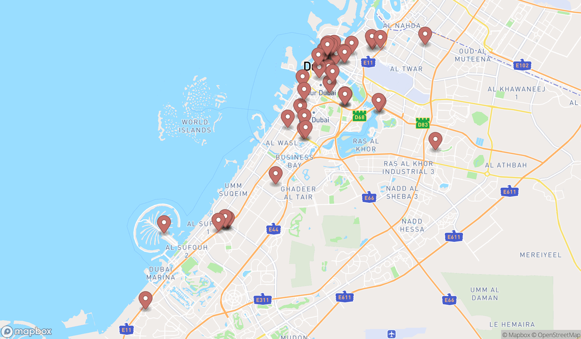 Map showing the search results in Dubai