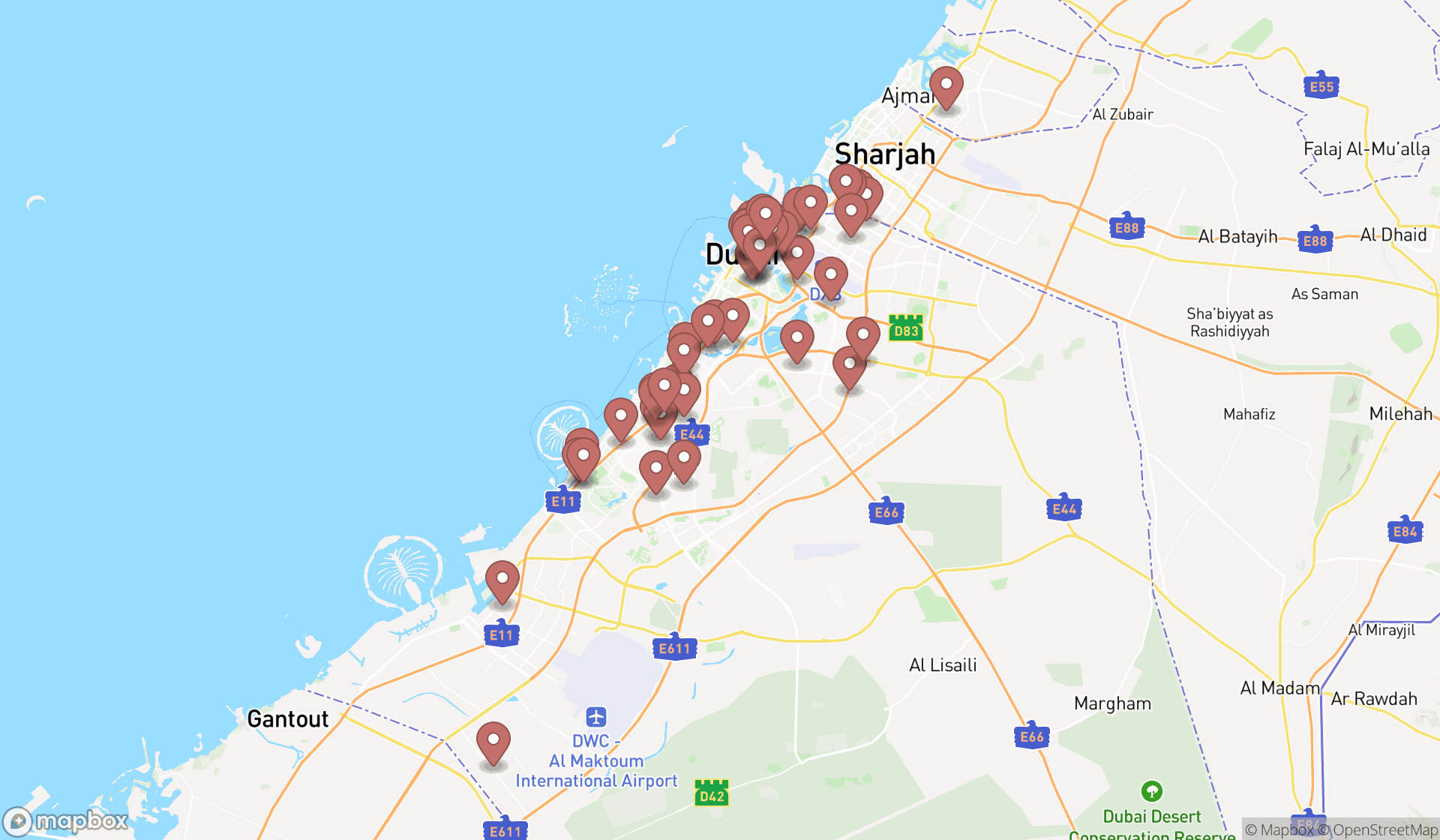 Map showing the search results in Dubai