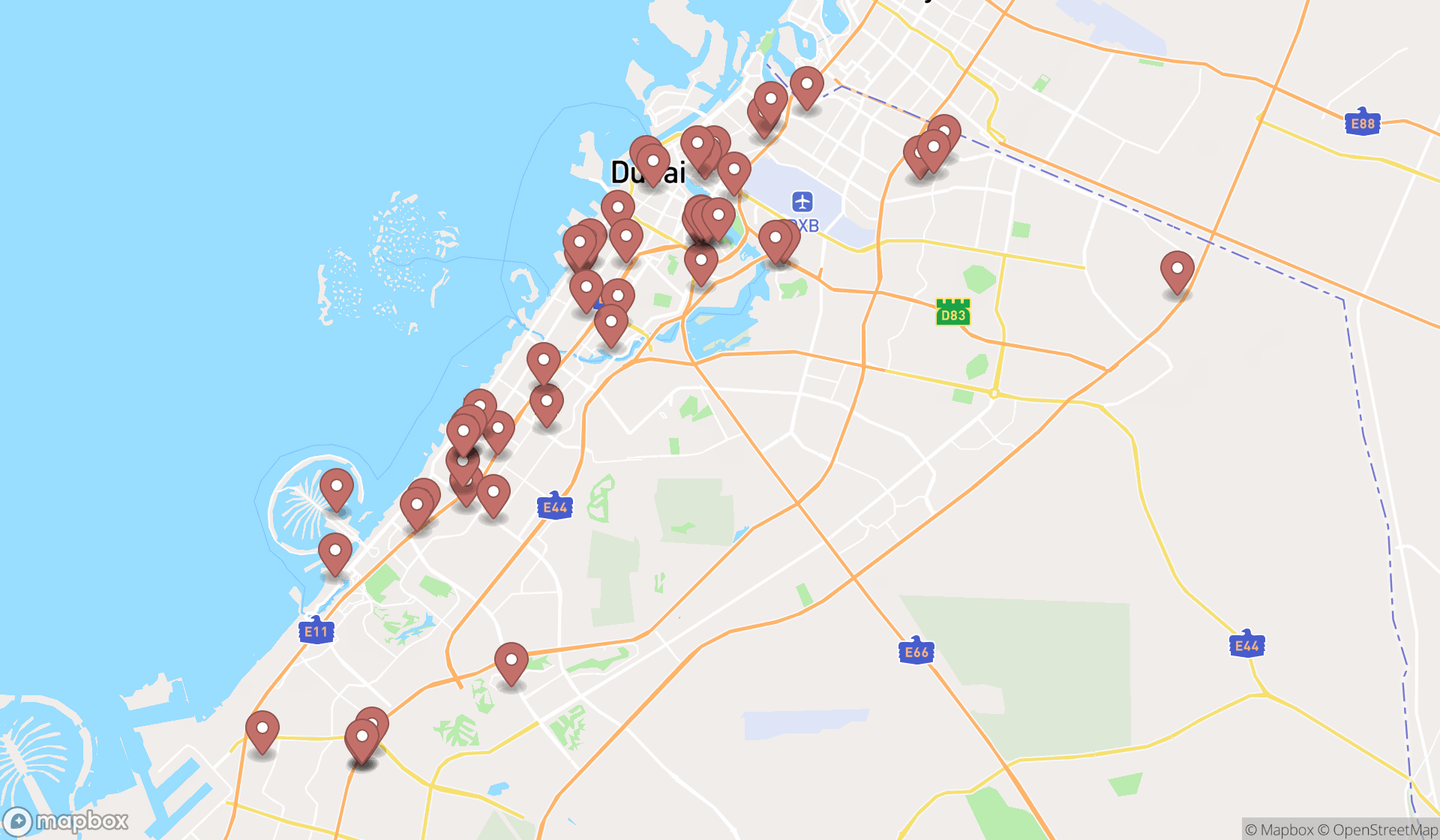 Map showing the search results in Dubai