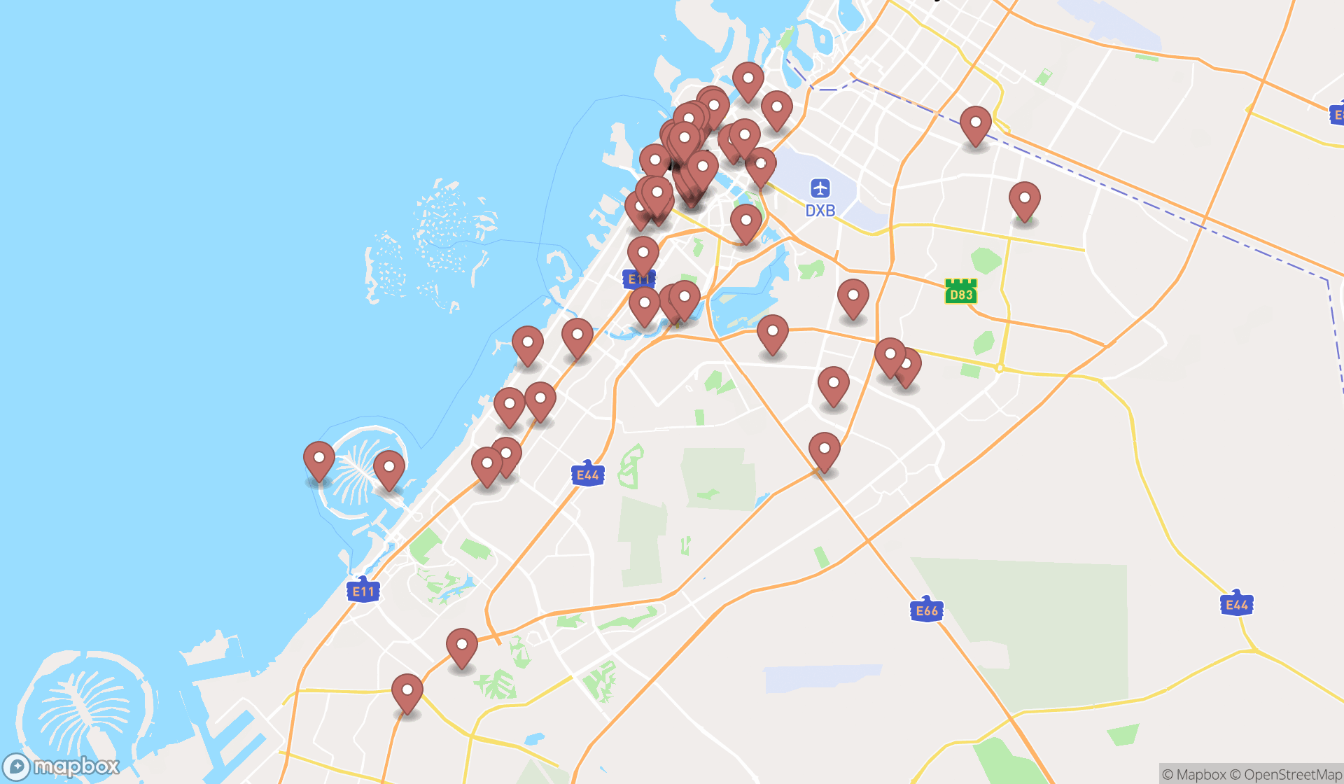 Map showing the search results in Dubai