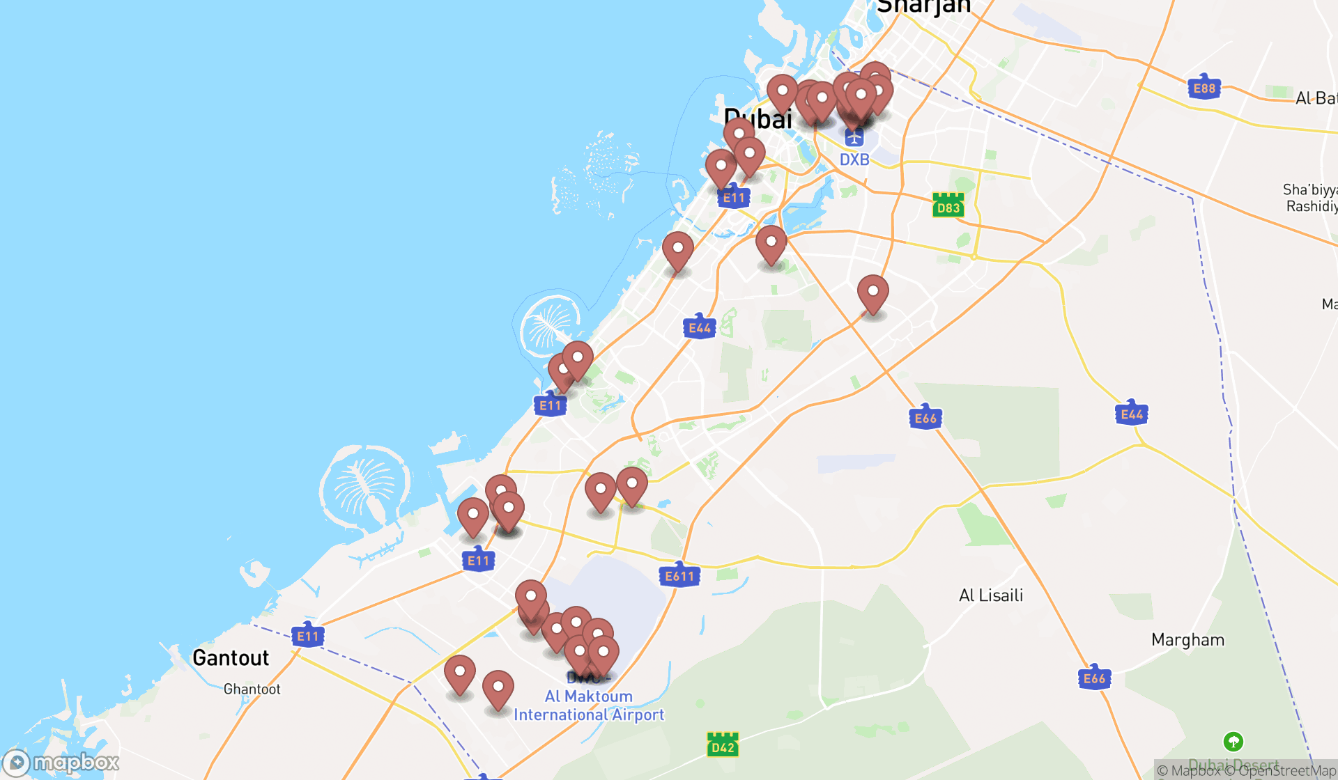 Map showing the search results in Dubai