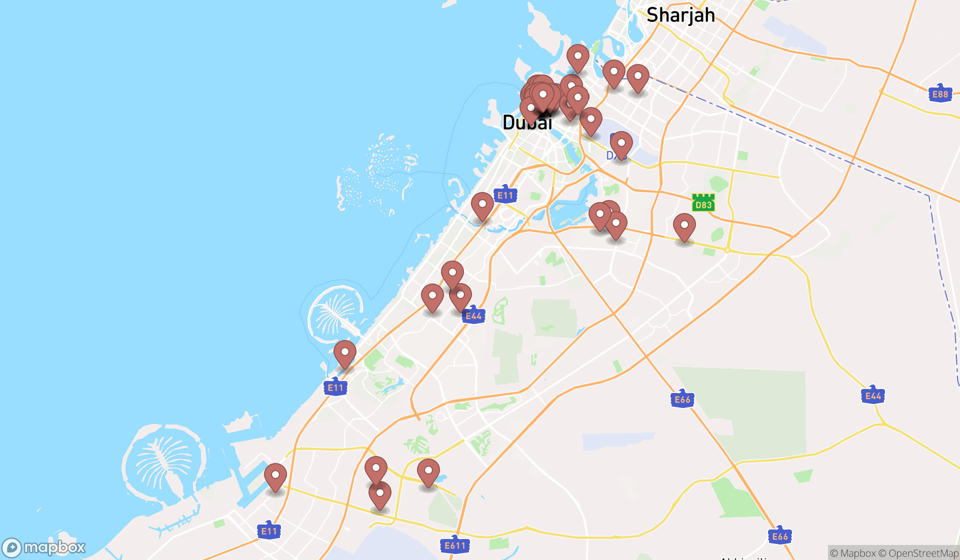 Map showing the search results in Dubai