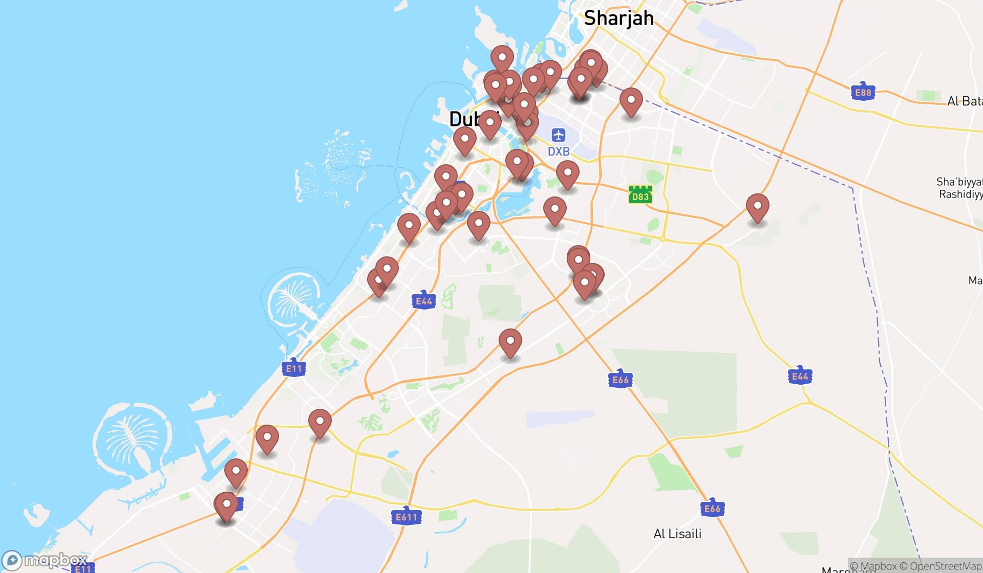 Map showing the search results in Dubai
